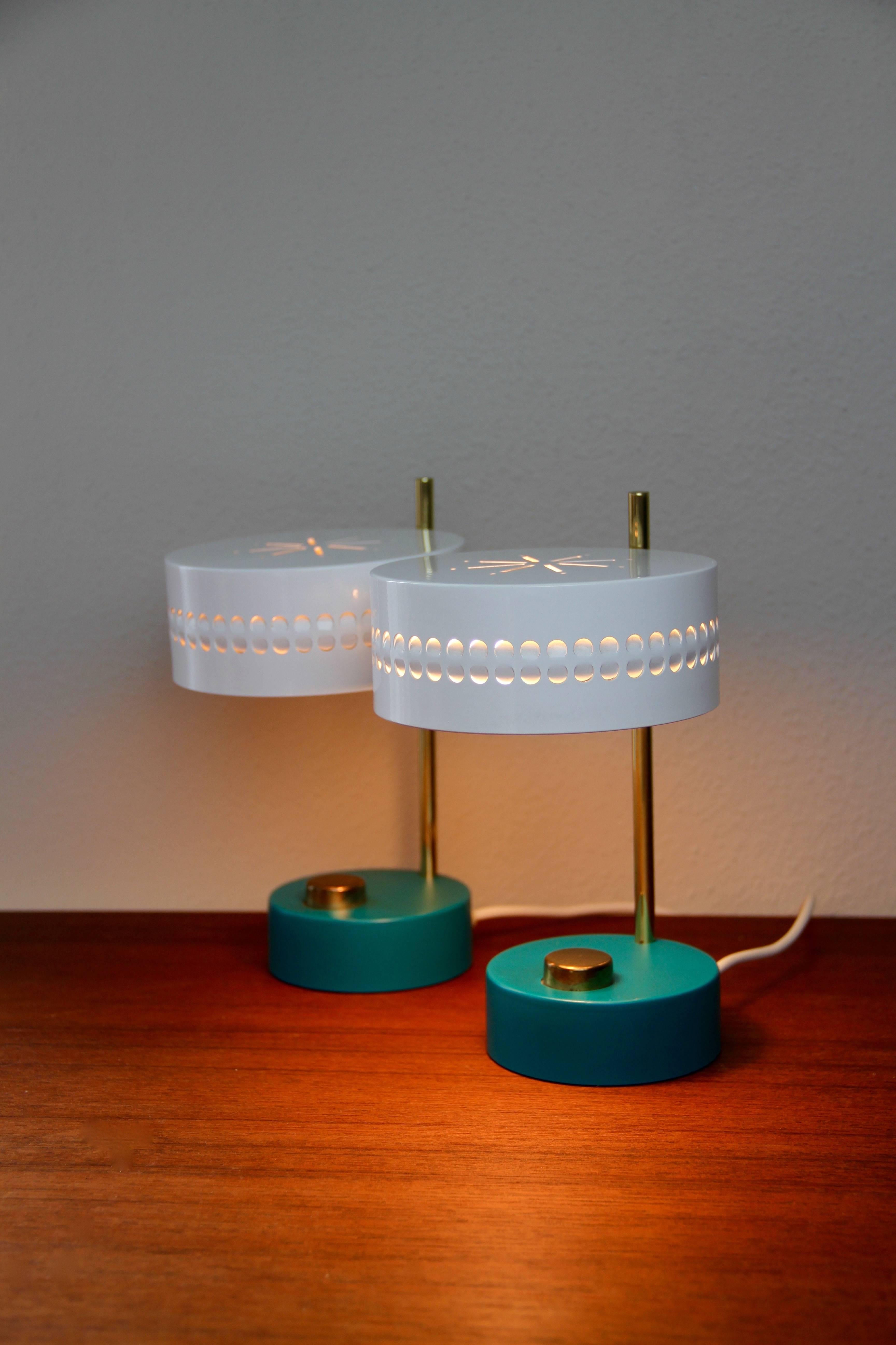 Mid-Century Modern Mid-Century Pair of Teal Green Mathieu Mategot 1950s Bedside Table Lamps For Sale