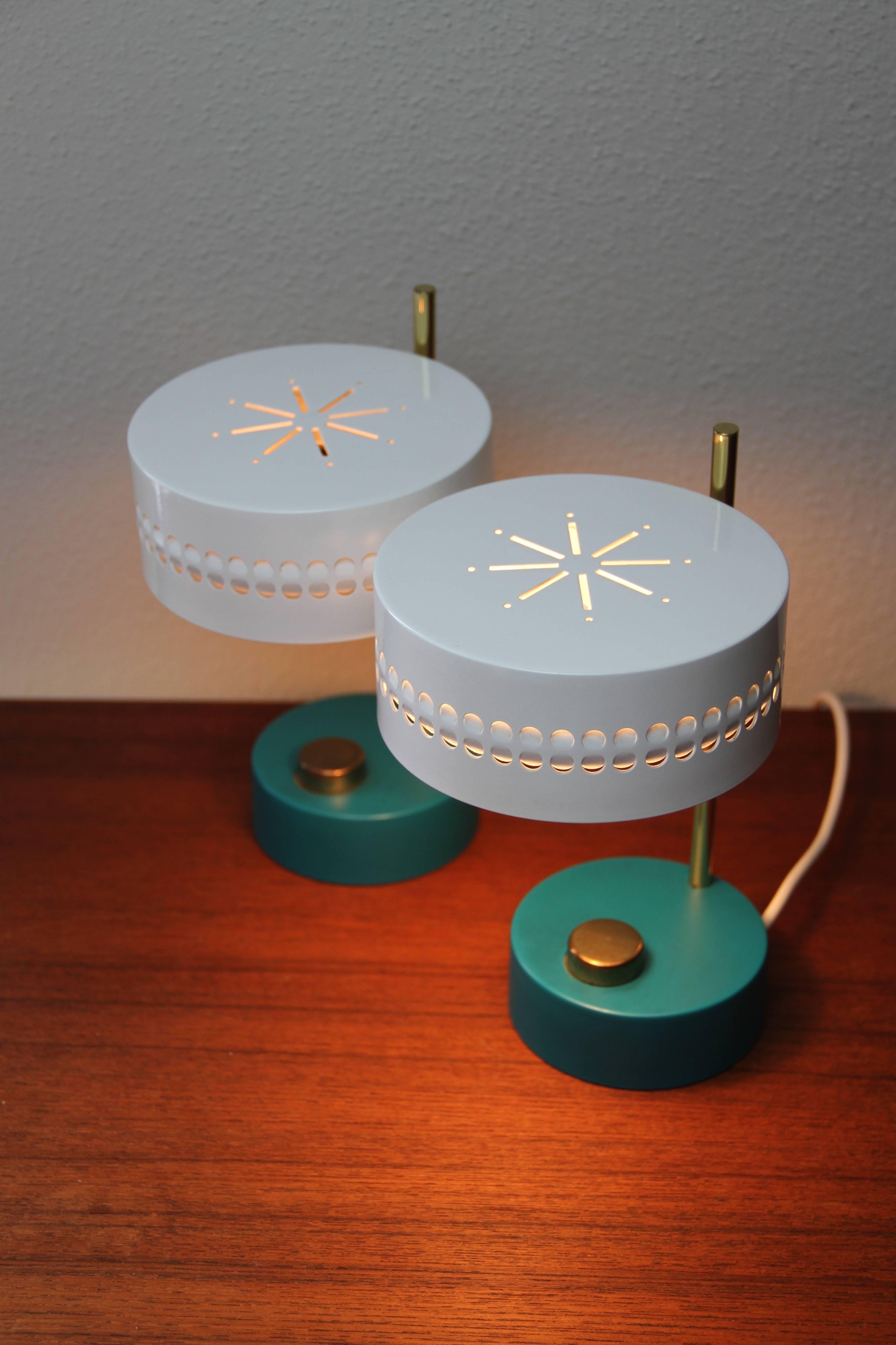 French Mid-Century Pair of Teal Green Mathieu Mategot 1950s Bedside Table Lamps For Sale