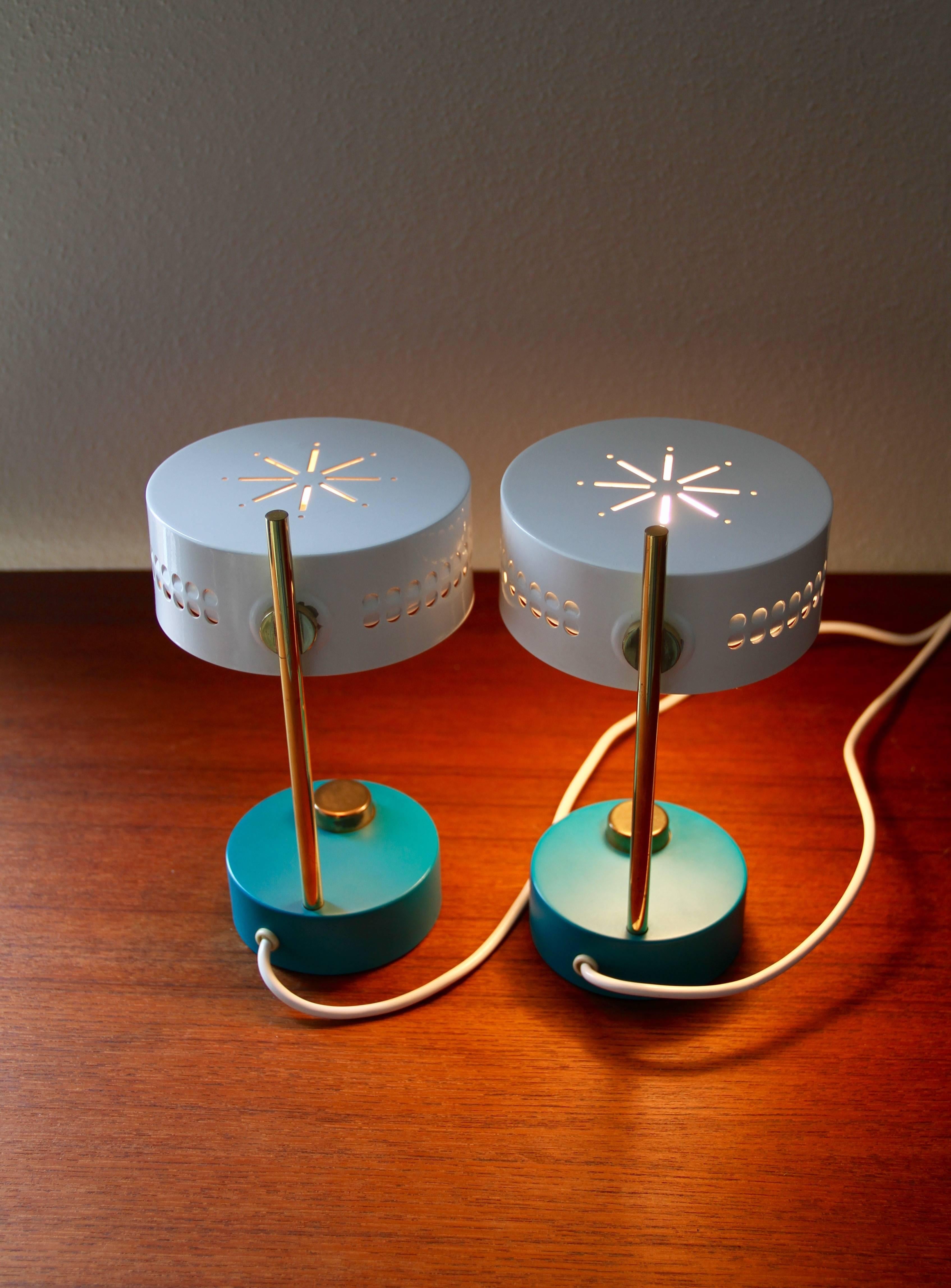 Polished Mid-Century Pair of Teal Green Mathieu Mategot 1950s Bedside Table Lamps For Sale