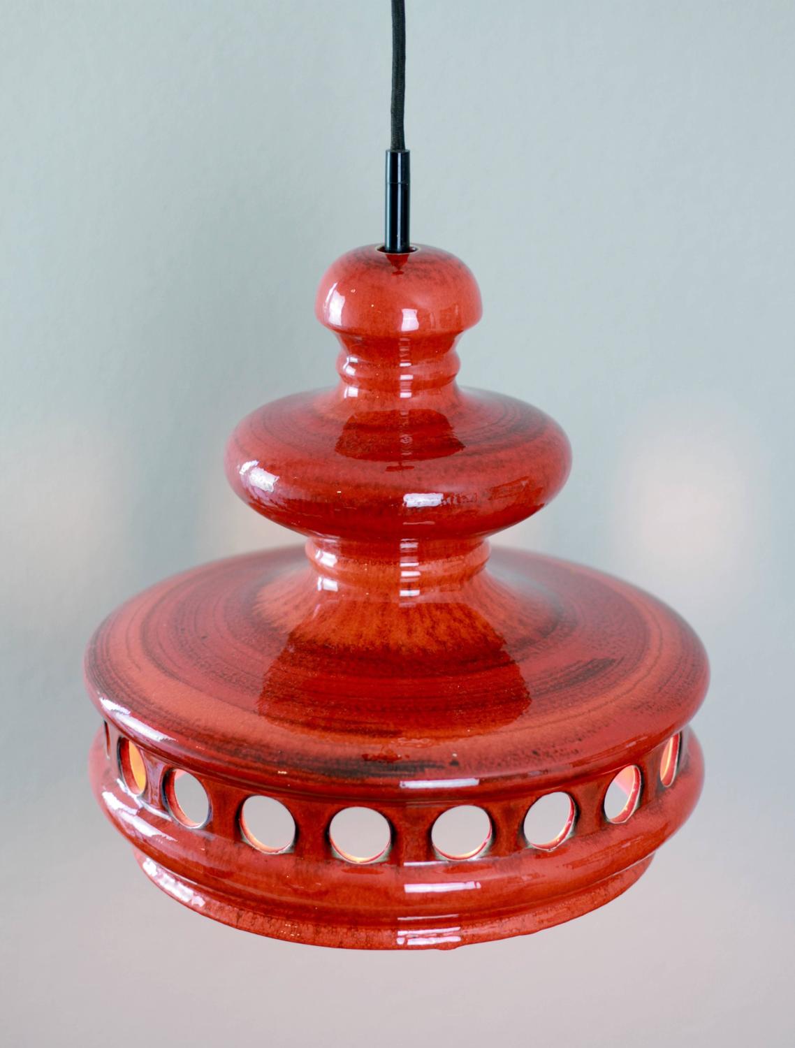 Large Red Ceramic MidCentury Pendent Light by Kaiser Leuchten, circa