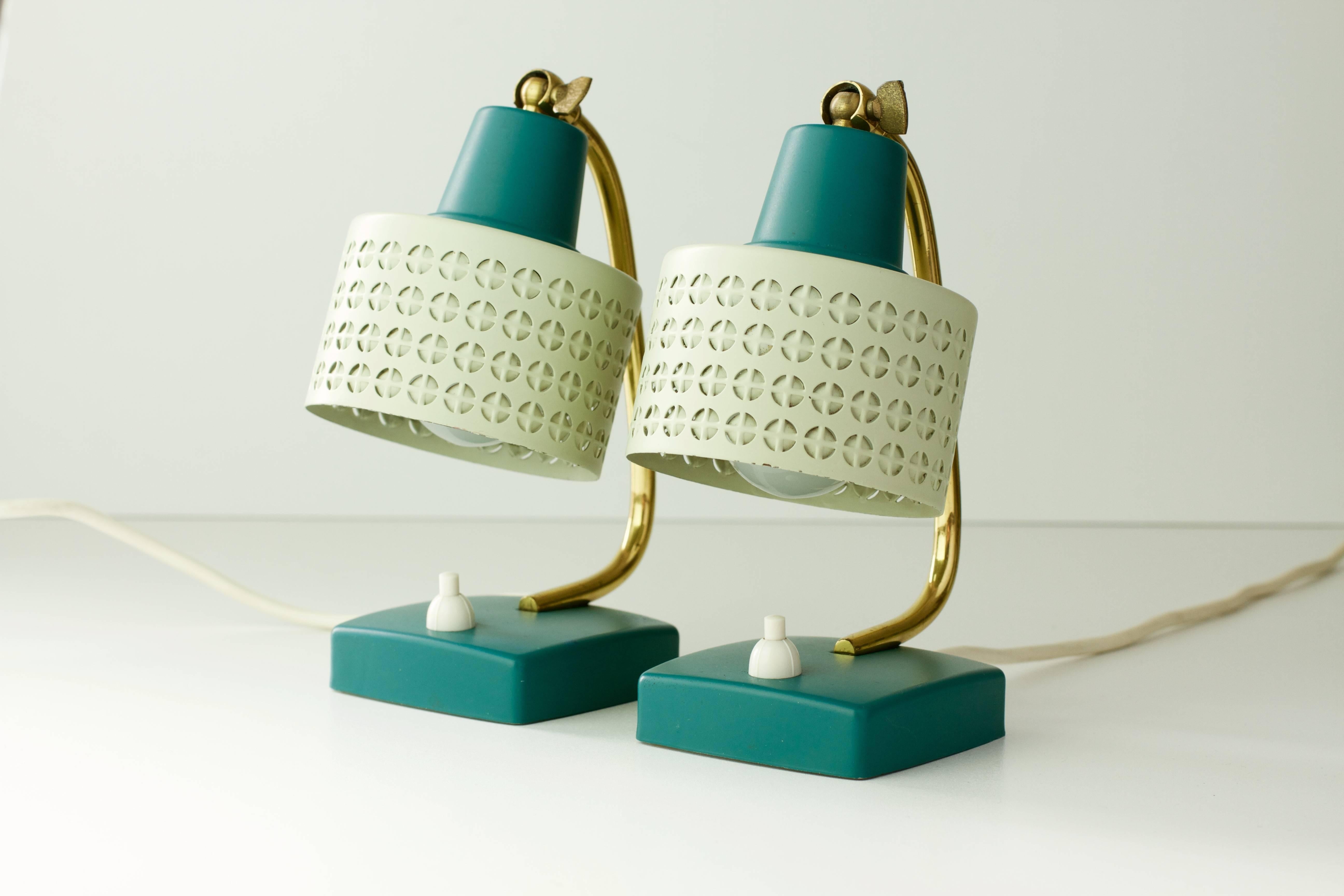 Mathieu Matégot Style Pair of 1950s Perforated Metal Shade Table Lamps / Lights 1