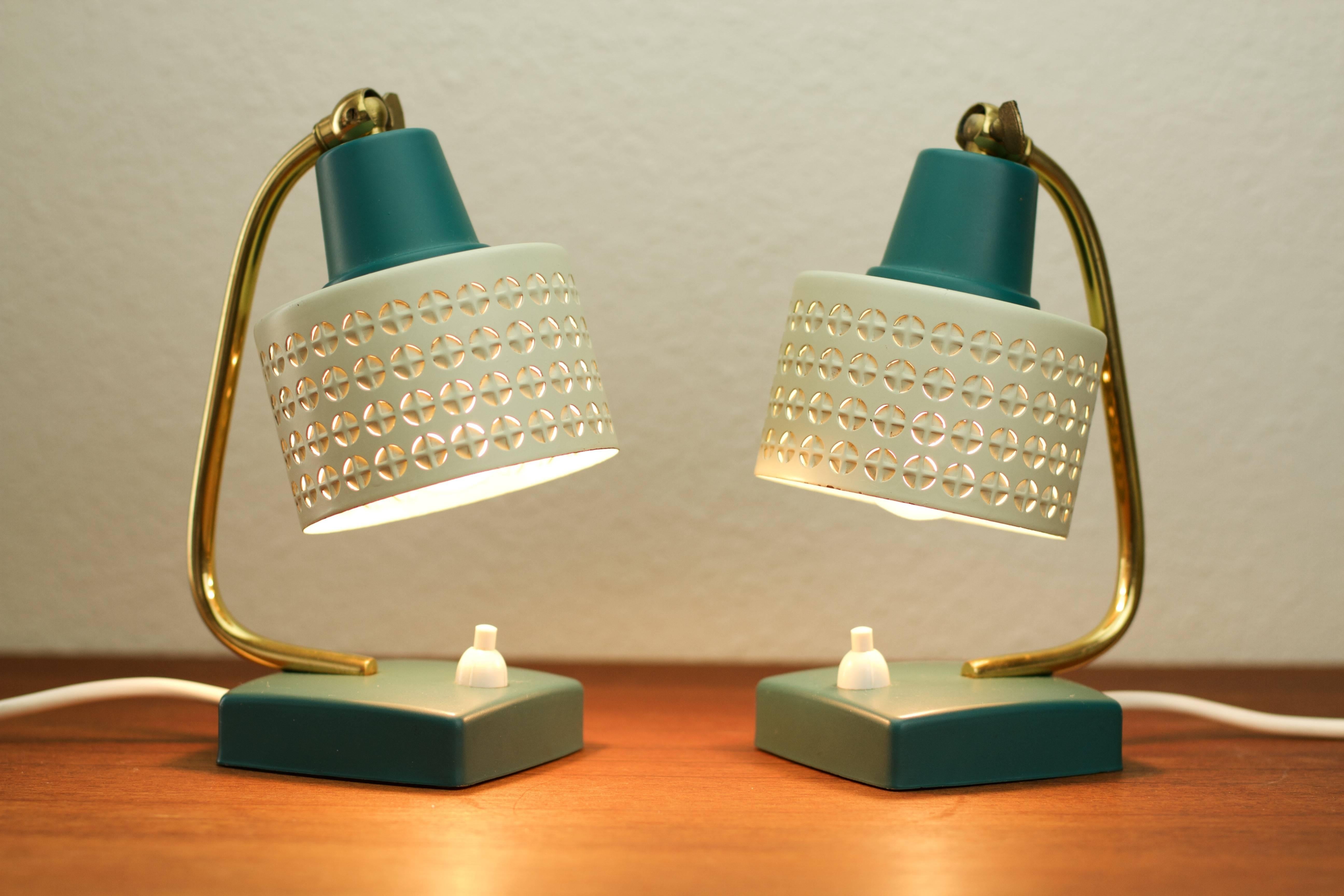 20th Century Mathieu Matégot Style Pair of 1950s Perforated Metal Shade Table Lamps / Lights