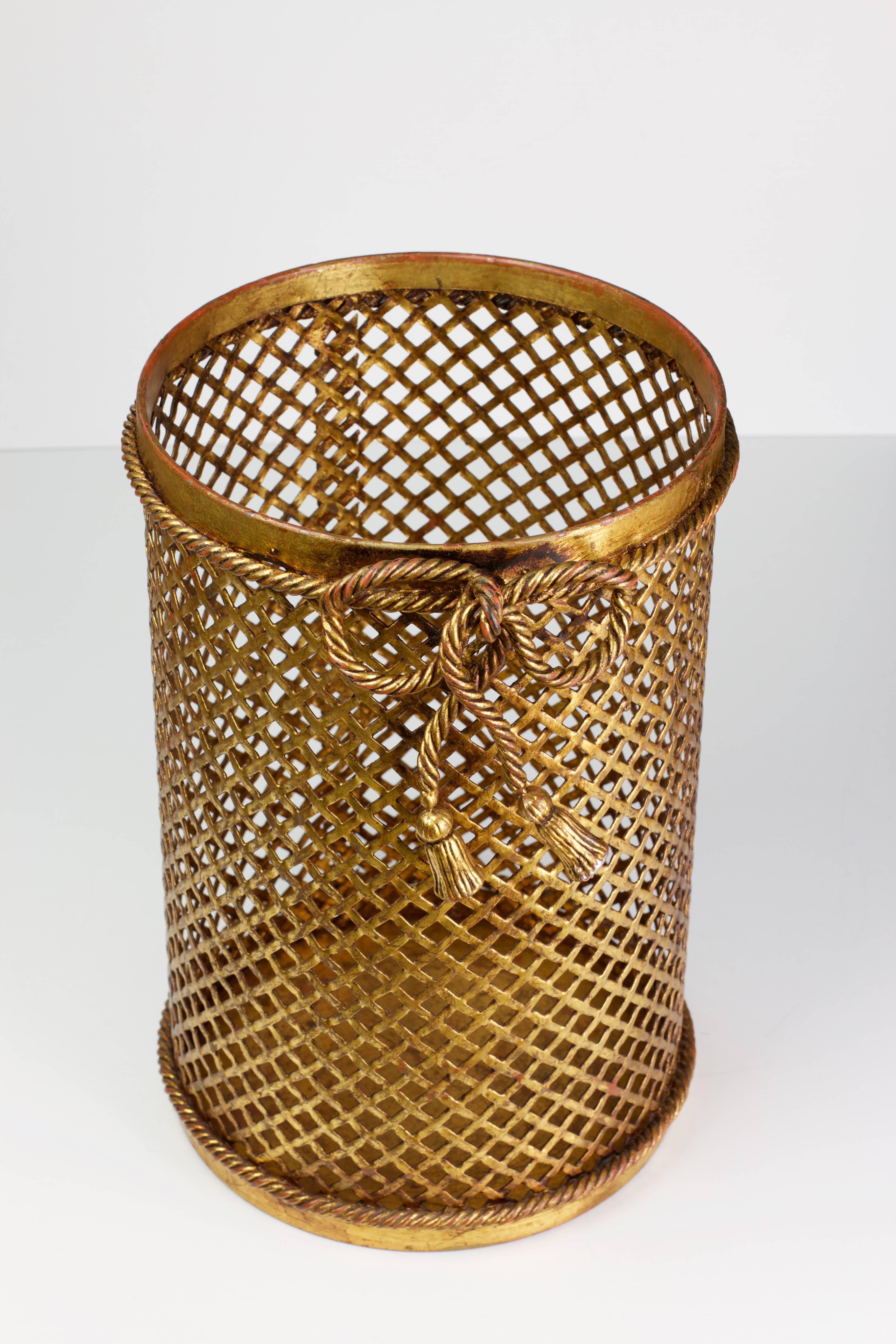 Wrought Iron Mid Century 1950s Hollywood Regency Italian Gold Gilded Waste Paper Basket 