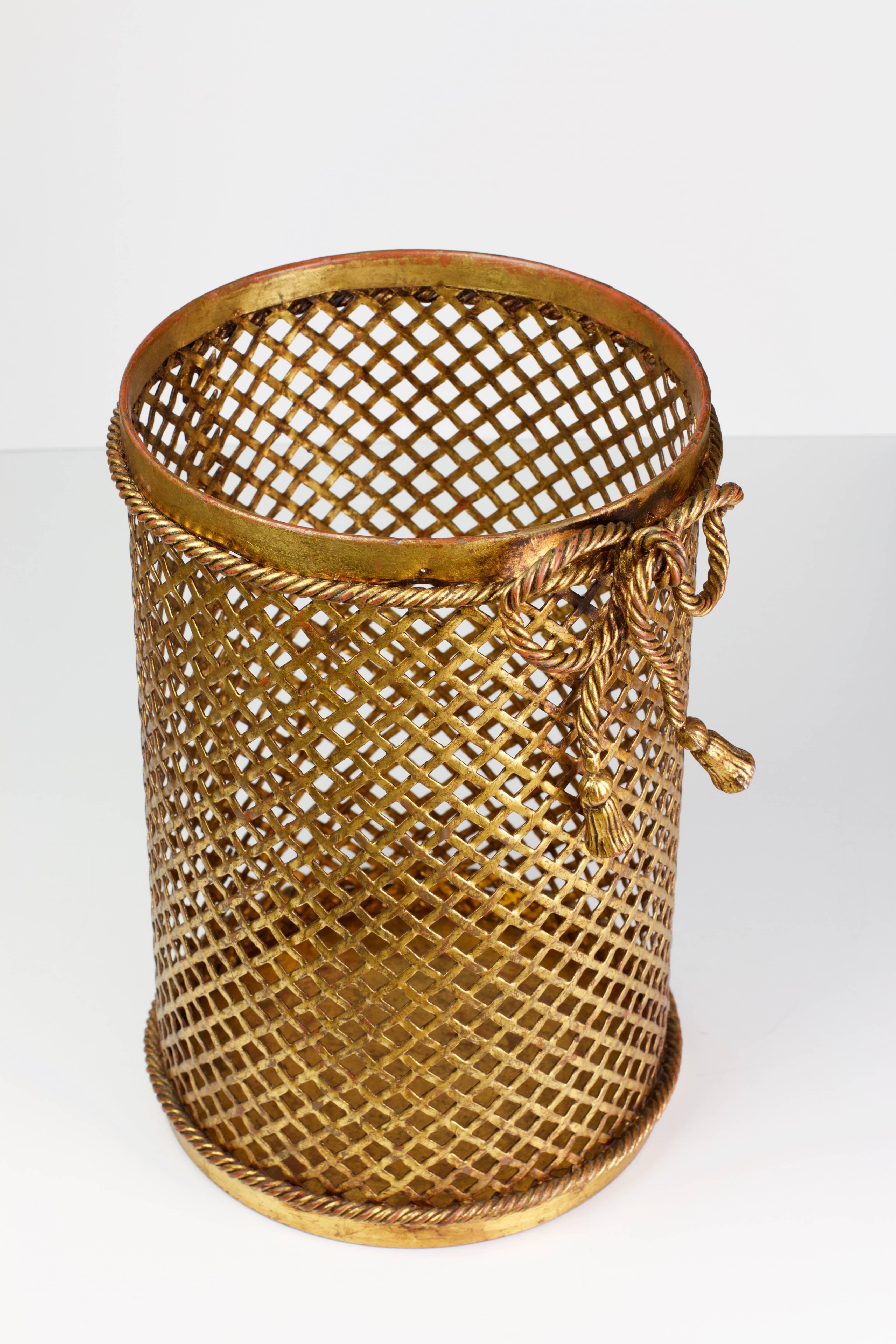20th Century Mid Century 1950s Hollywood Regency Italian Gold Gilded Waste Paper Basket 