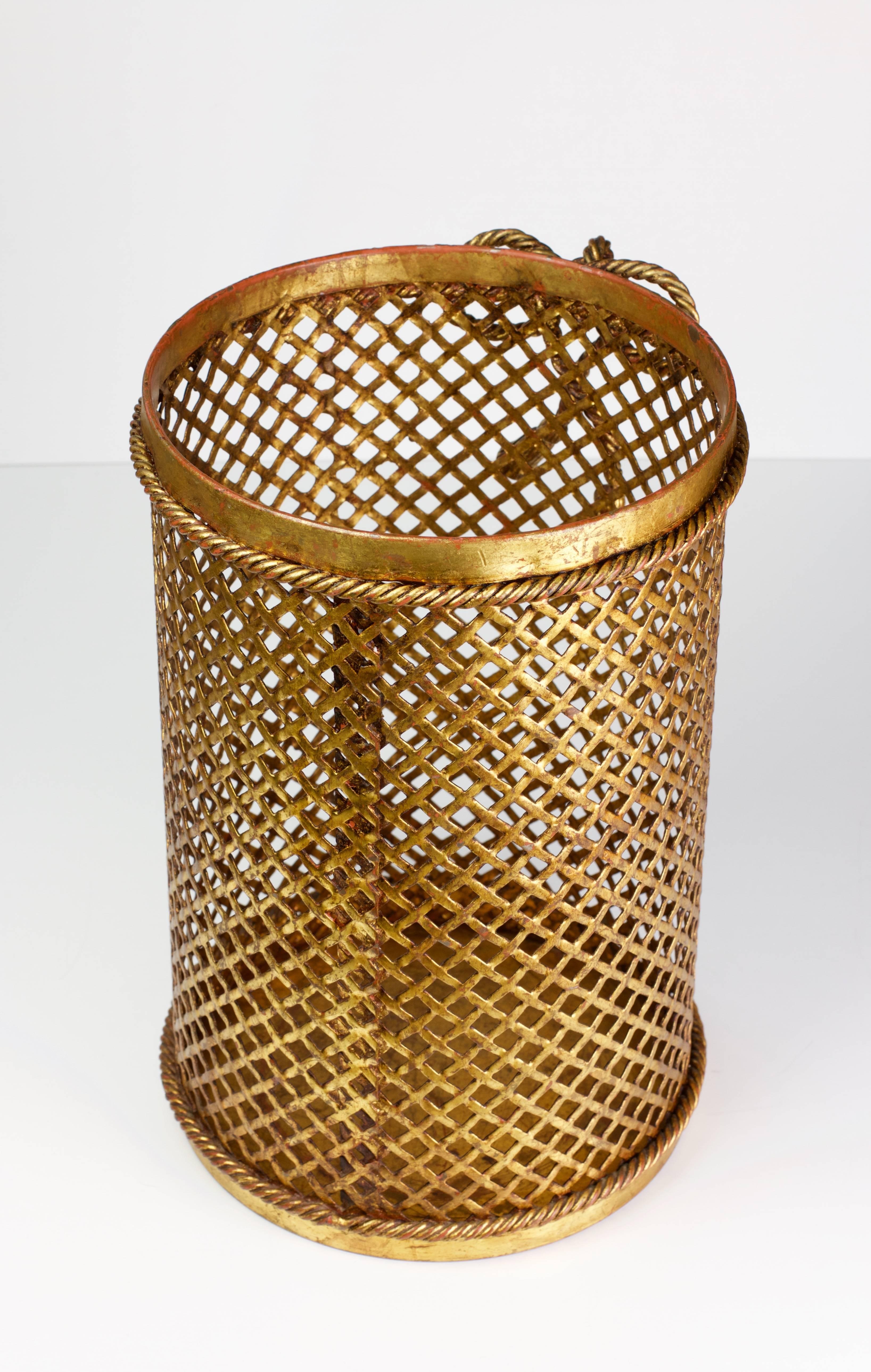 Gilt Mid Century 1950s Hollywood Regency Italian Gold Gilded Waste Paper Basket 