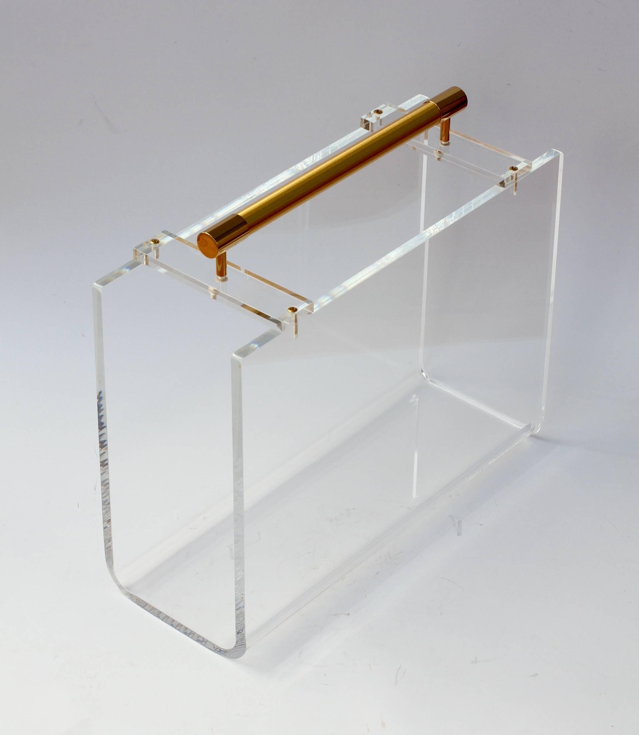 Mid-Century Modern 1970s Karl Springer / Charles Hollis Jones Style Lucite and Gold Magazine Rack