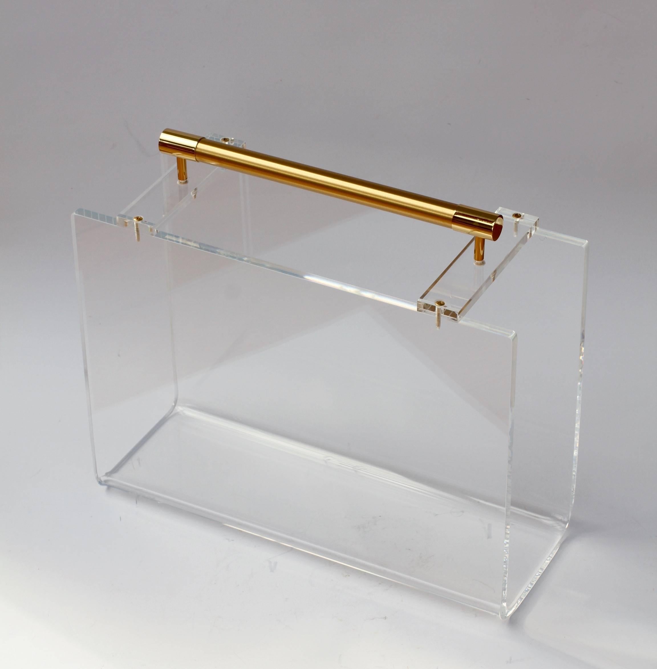 Polished 1970s Karl Springer / Charles Hollis Jones Style Lucite and Gold Magazine Rack