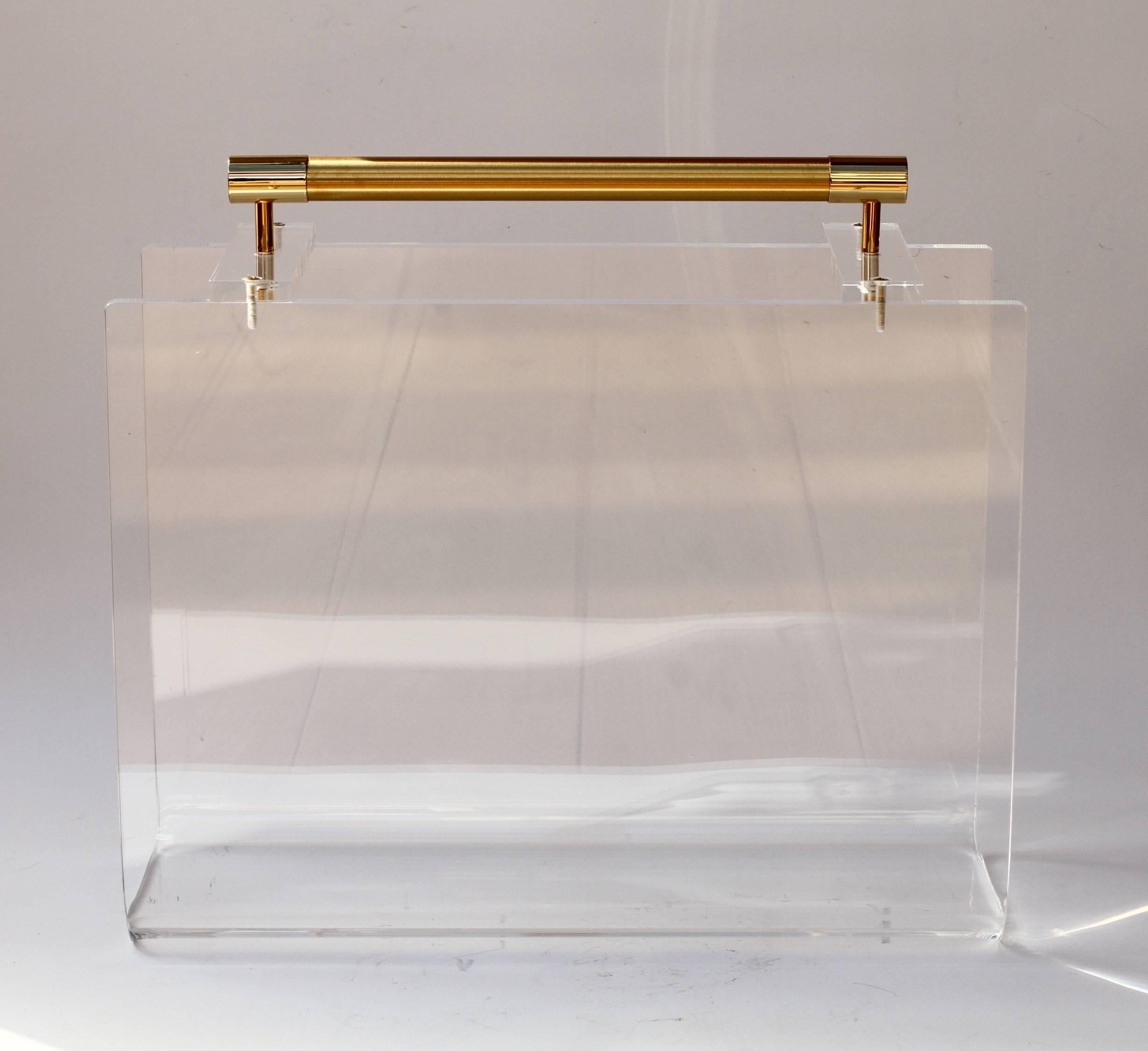 20th Century 1970s Karl Springer / Charles Hollis Jones Style Lucite and Gold Magazine Rack