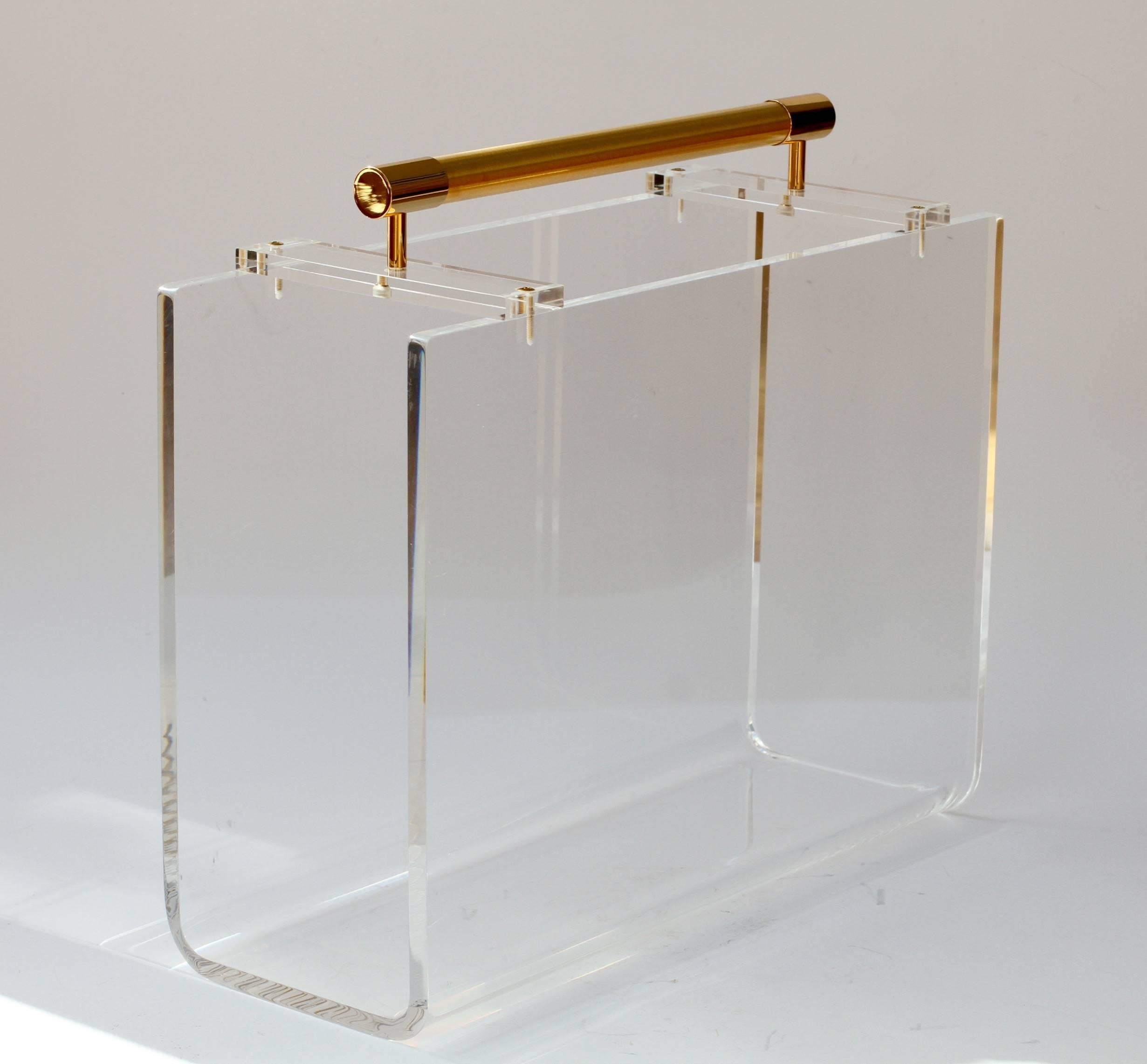 Brass 1970s Karl Springer / Charles Hollis Jones Style Lucite and Gold Magazine Rack