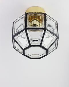 Limburg 1 of 6 Mid-Century Iron Clear Glass & Brass Flush Mount Lights c. 1965