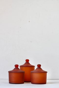 Cenedese Rare Trio of Amber 'Corroso' Glass Apothecary Lidded Jars Murano Italy