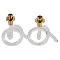 Gold & Lucite Pair of Pretzel Candlestick Holders / Candelabra by Dorothy Thorpe