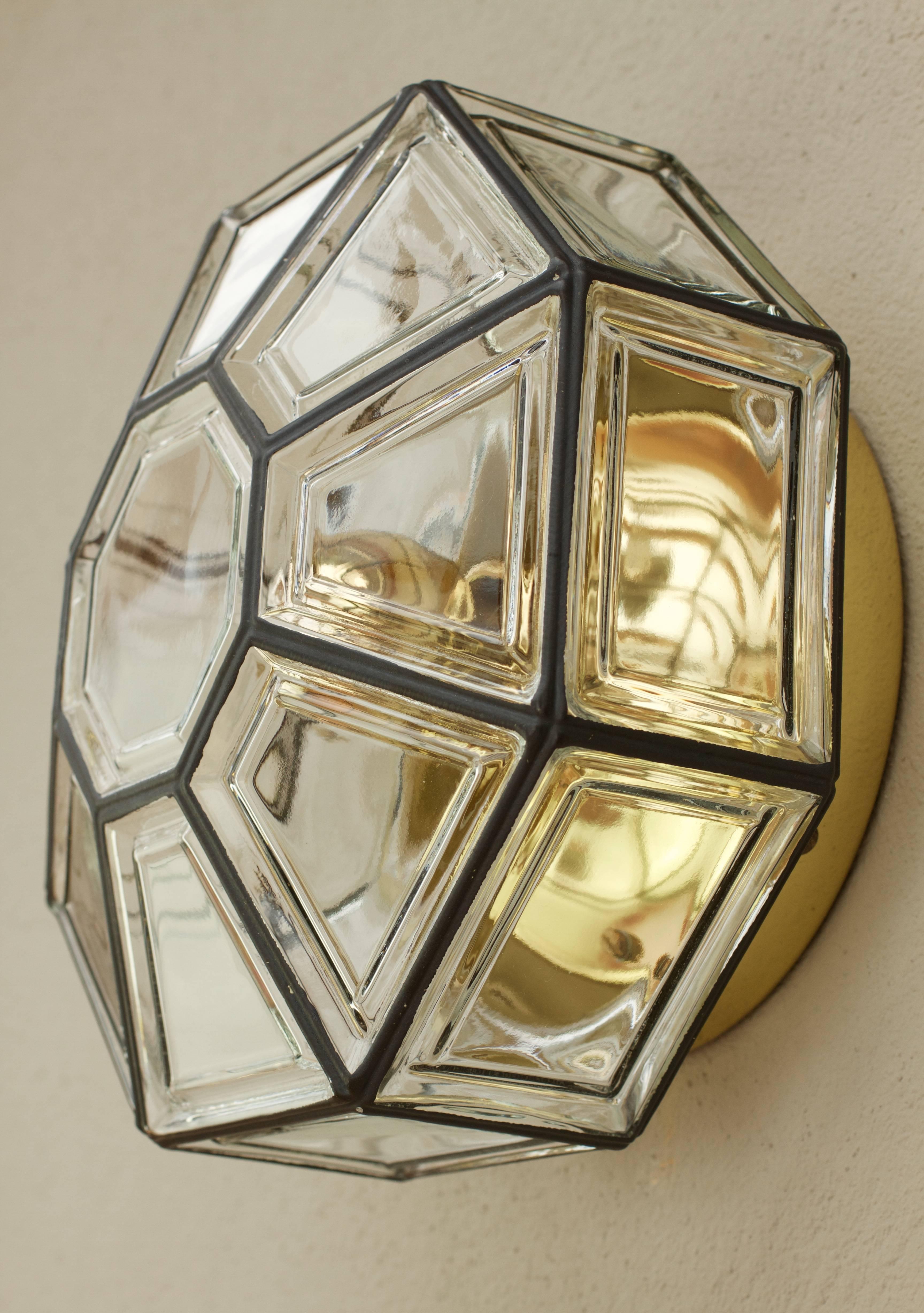 German One of Three Iron & Glass Flush Mount Lights by Glashütte Limburg, circa 1965 For Sale