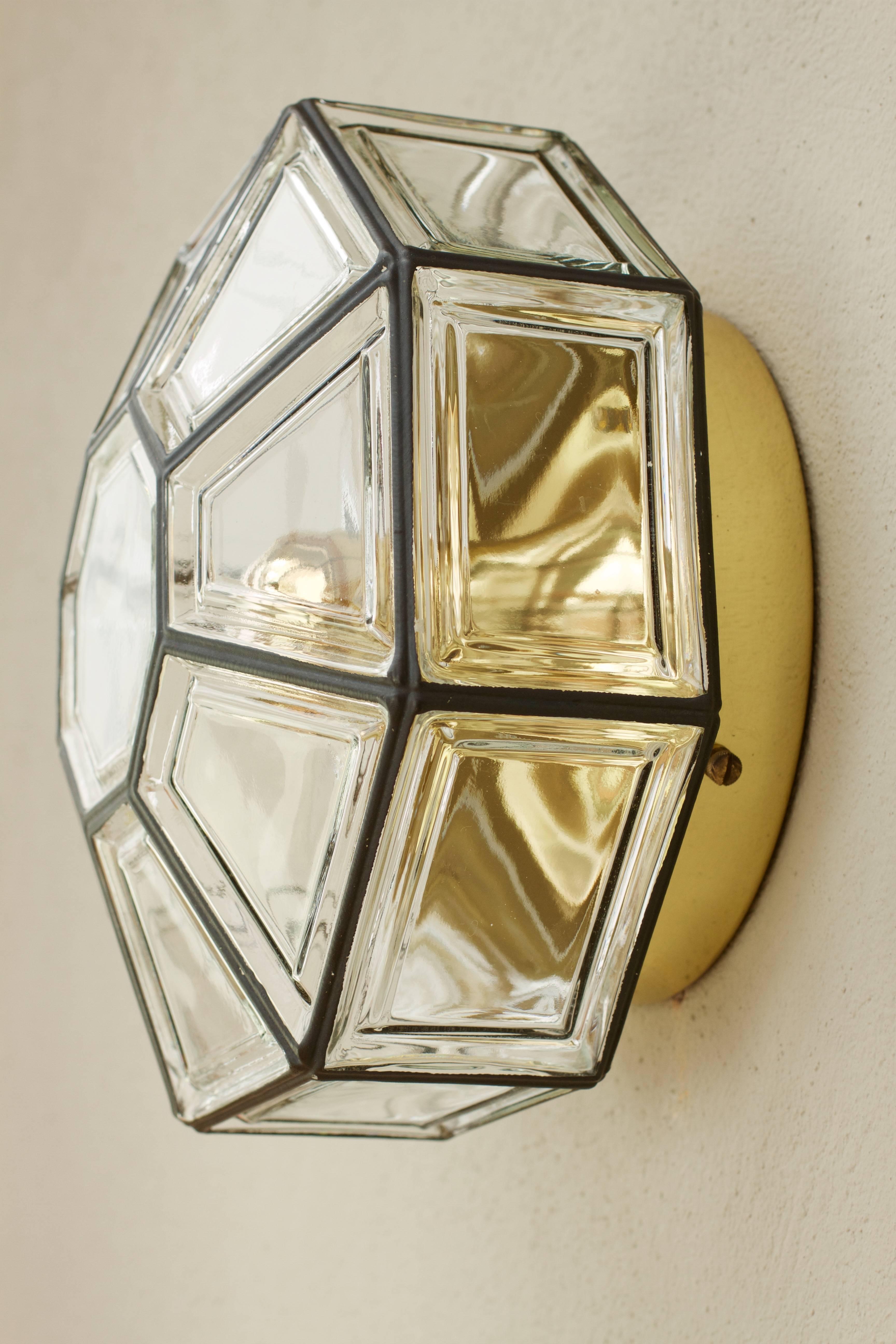 Polished One of Three Iron & Glass Flush Mount Lights by Glashütte Limburg, circa 1965 For Sale