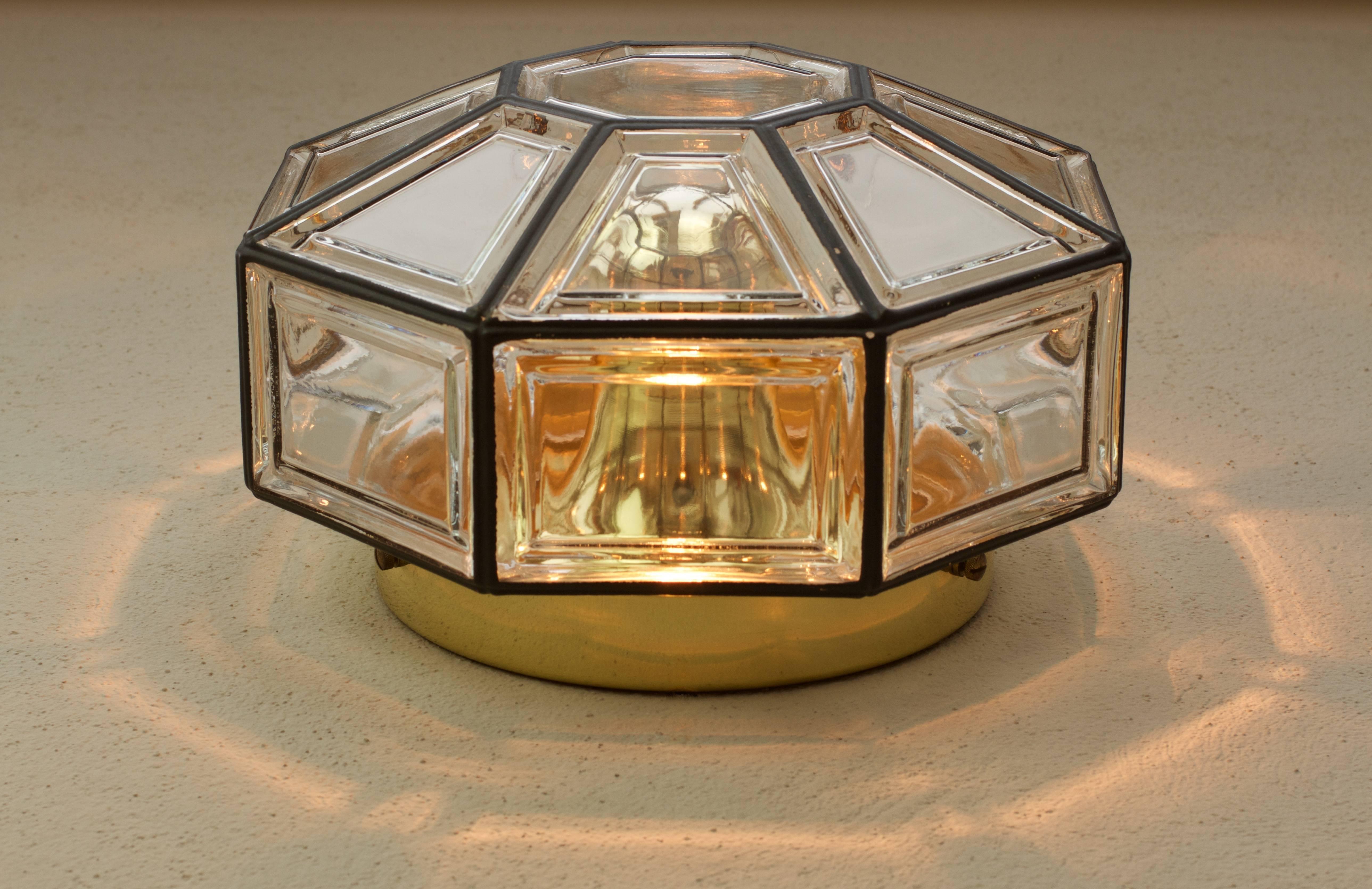 Brass One of Three Iron & Glass Flush Mount Lights by Glashütte Limburg, circa 1965 For Sale