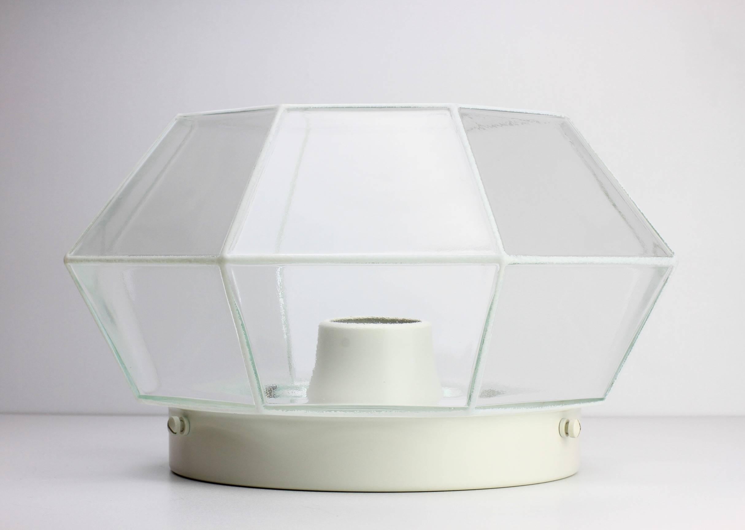 Molded Glashütte Limburg Geometric Flush Mount Lights / Lamps White & Clear Glass 1970s