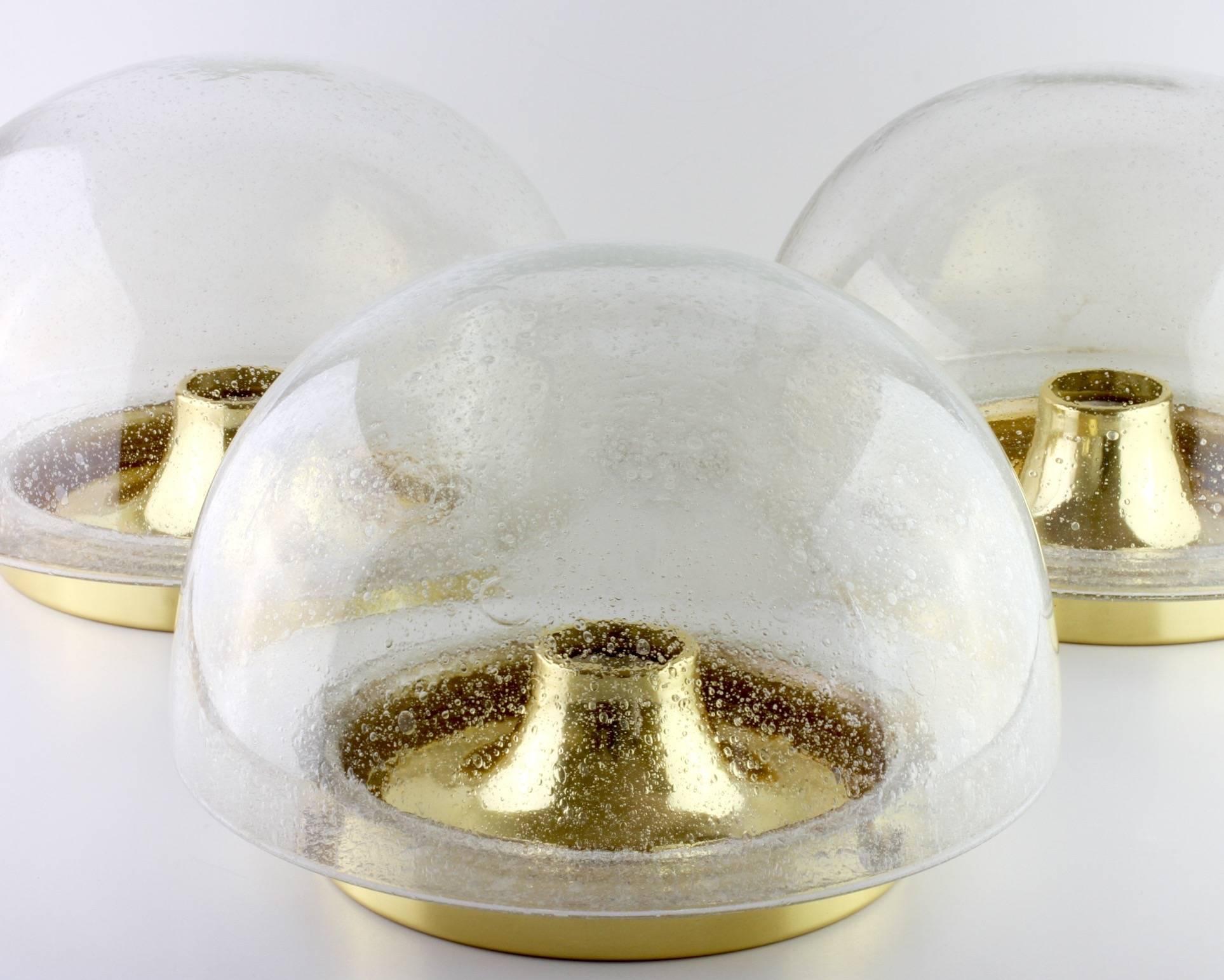 Mid-Century Modern One of Two 1970s Vintage Round Domed Bubble Glass Flush Mount Lights by Limburg