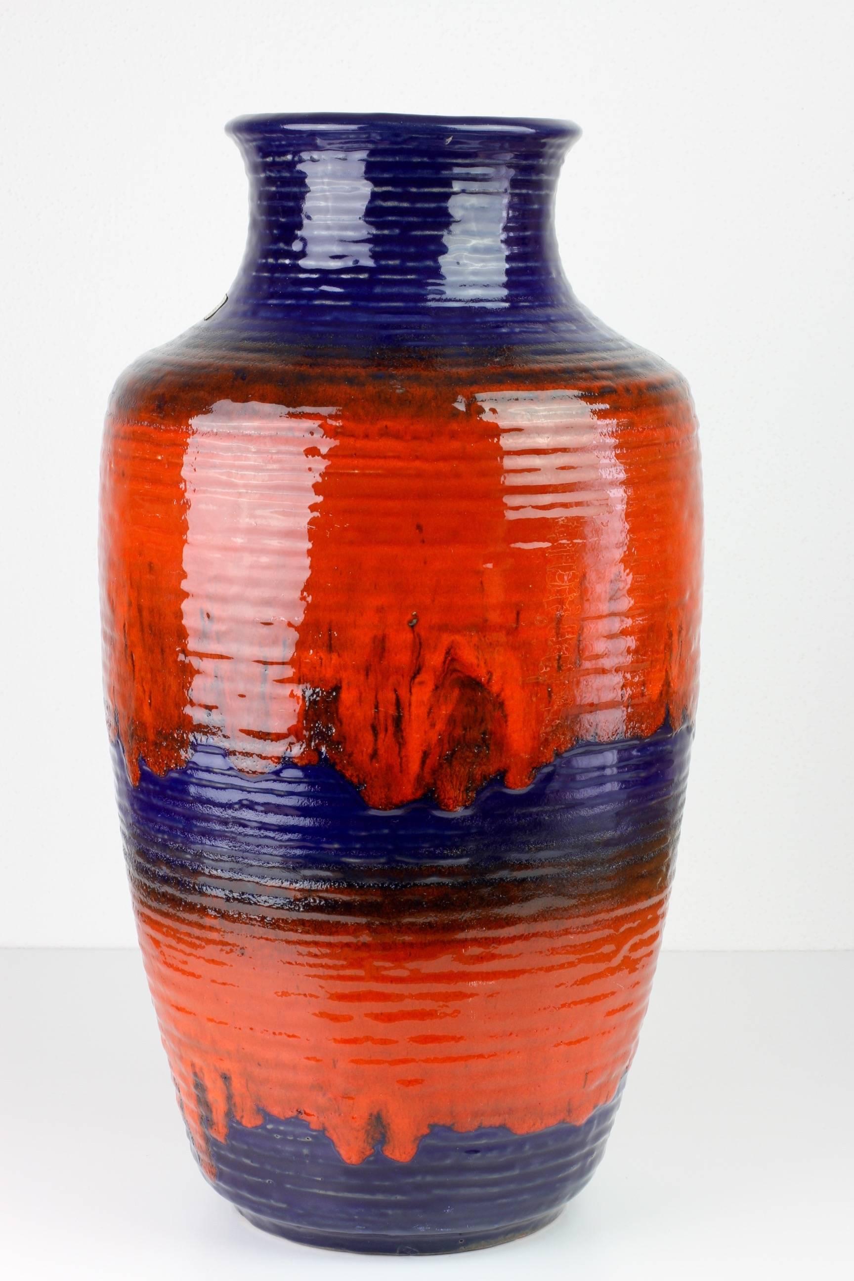 1960s Large Red and Blue Glazed West German Pottery Floor Vase by Carstens  at 1stDibs