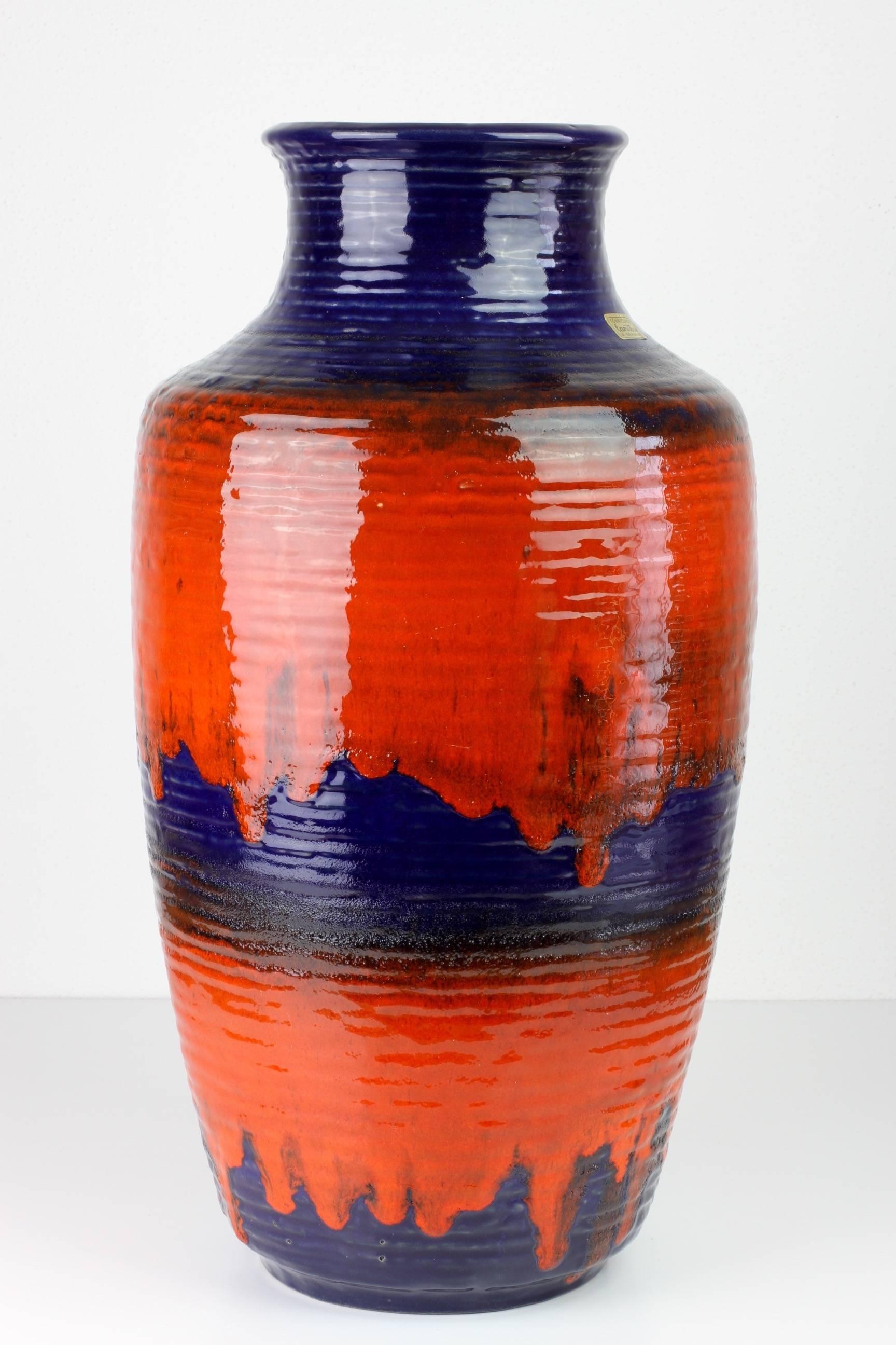 Mid-Century Modern 1960s Large Red and Blue Glazed West German Pottery Floor Vase by Carstens