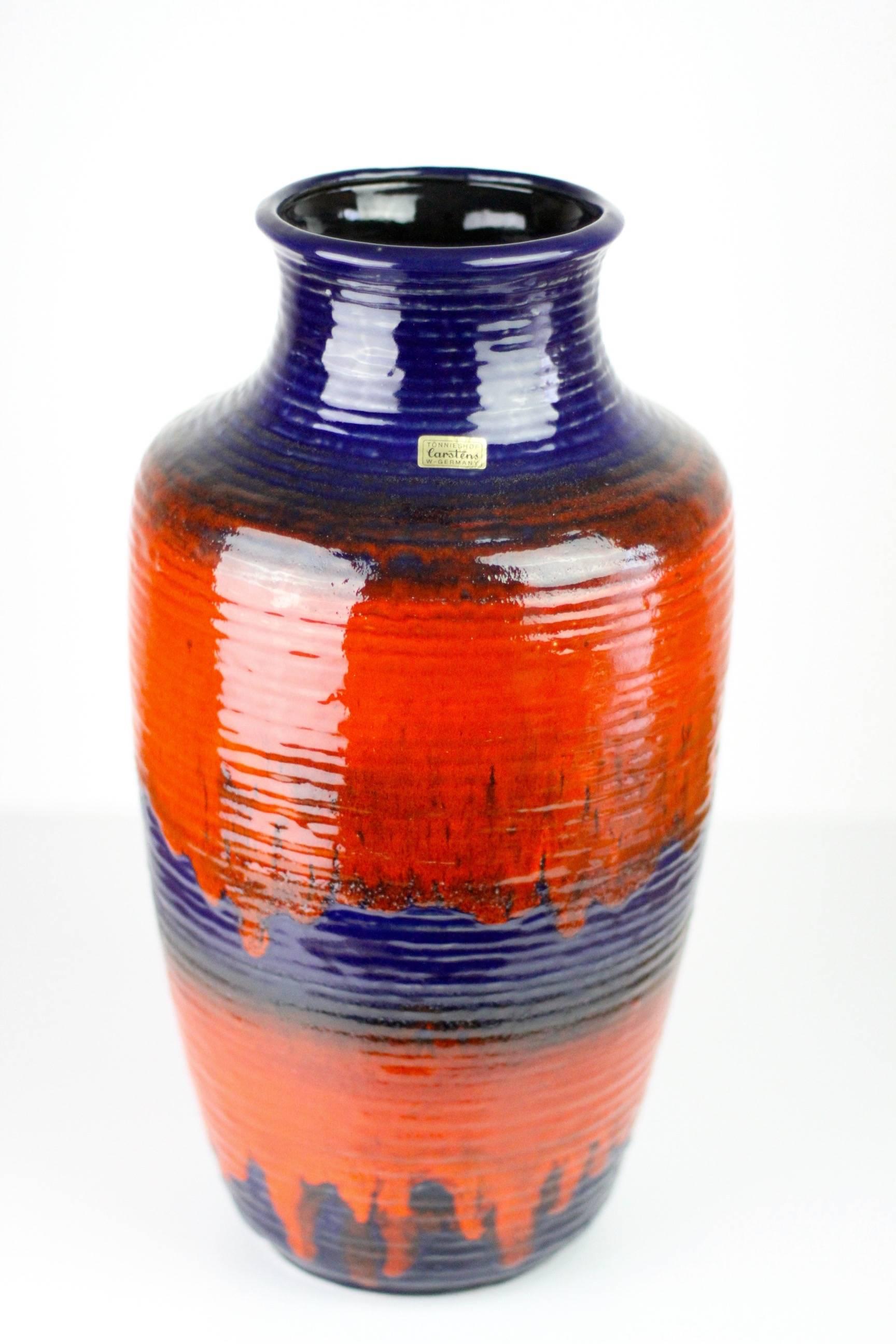 1960s Large Red and Blue Glazed West German Pottery Floor Vase by Carstens 1