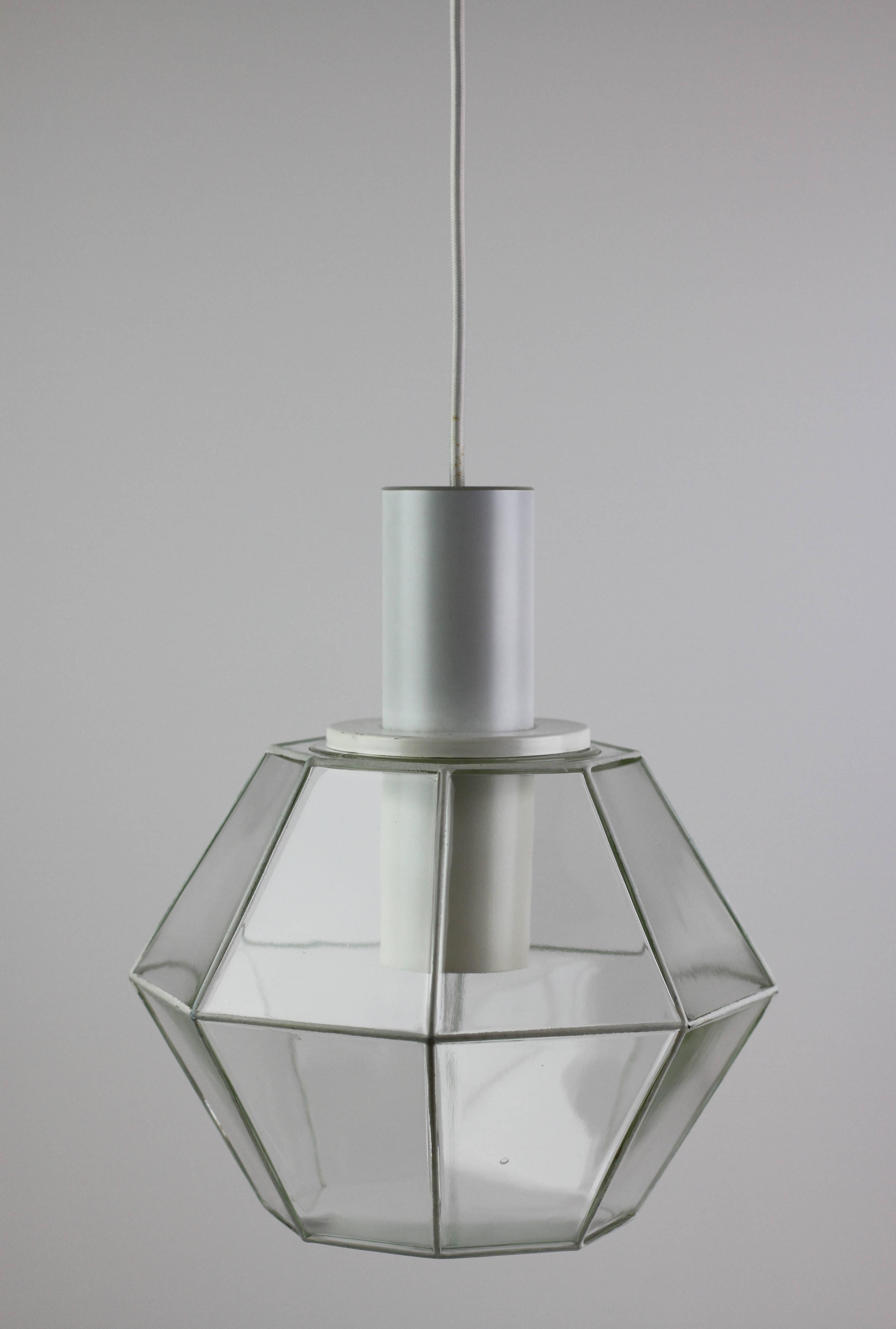 Mid-Century Modern Glashütte Limburg Geometric Pendant Lights / Lamps White & Clear Glass 1970s