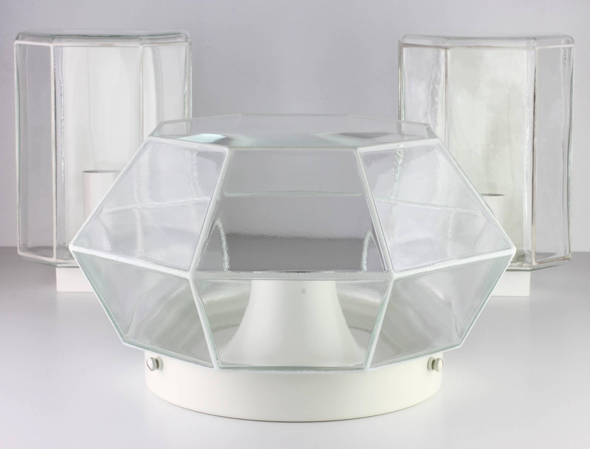Molded Glashütte Limburg Geometric Pendant Lights / Lamps White & Clear Glass 1970s