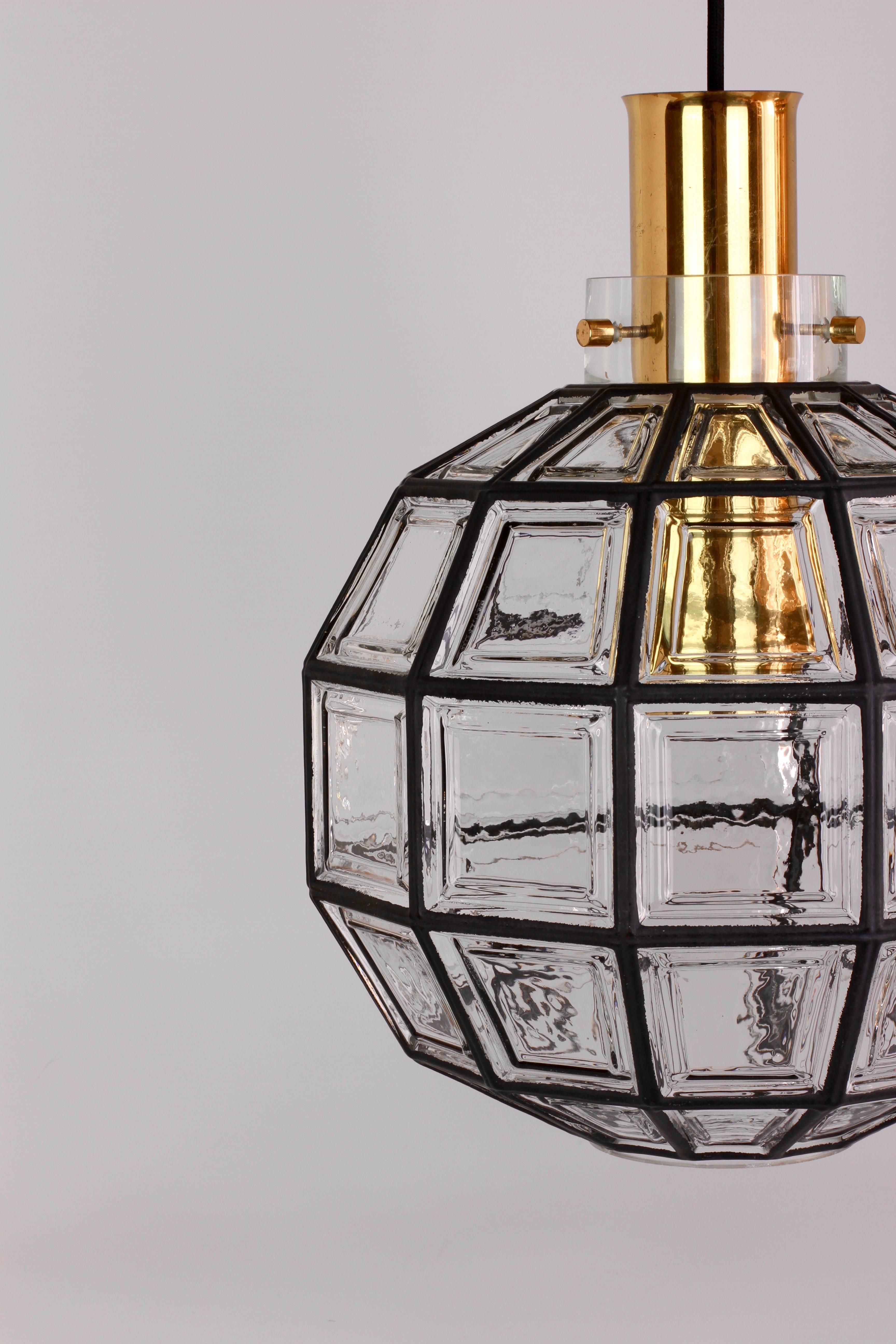 Brass Large Iron & Clear Glass Round Pendant Lights by Limburg, c. 1965