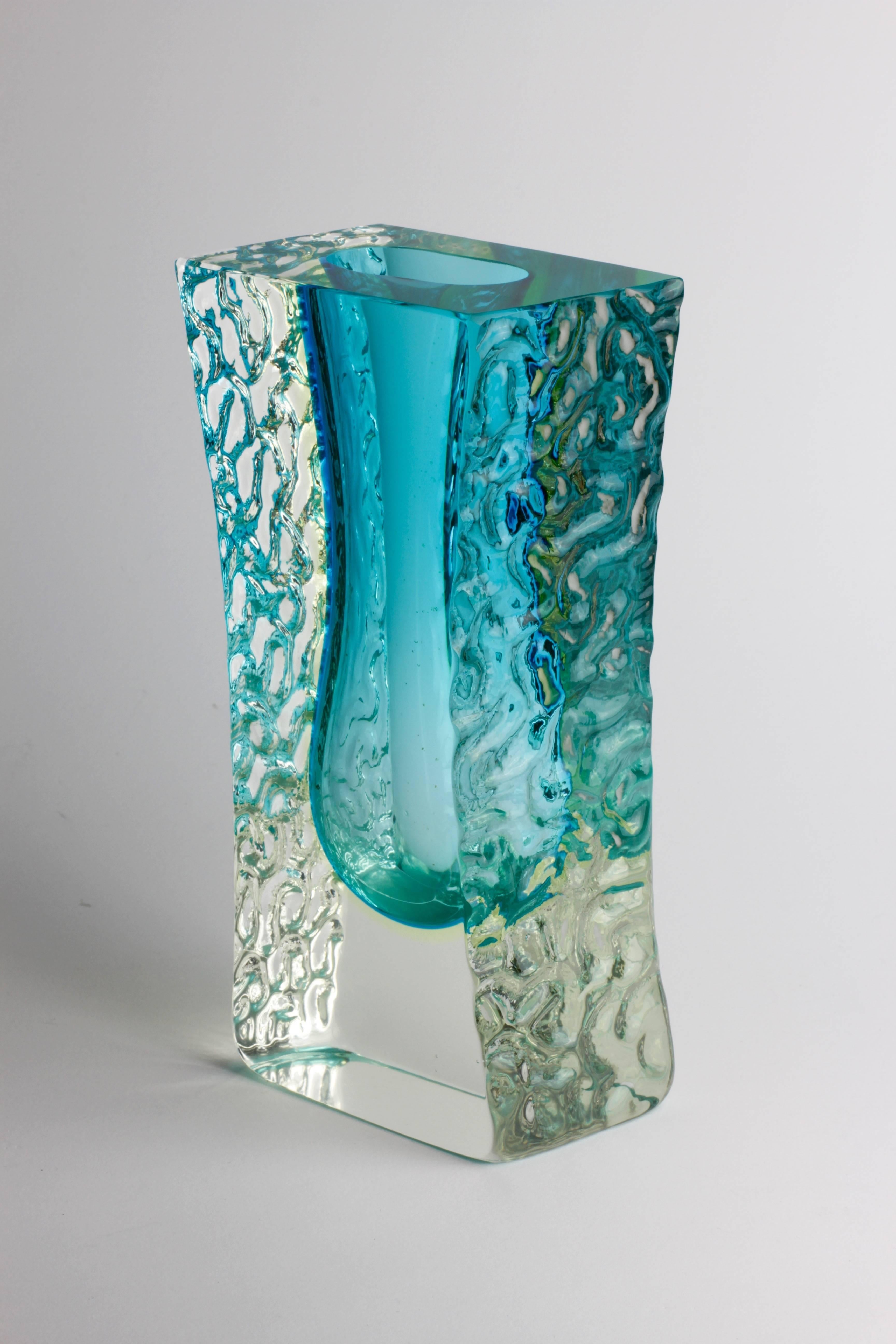 Italian Vintage Textured and Faceted Murano 'Sommerso' Blue Ice Glass Vase