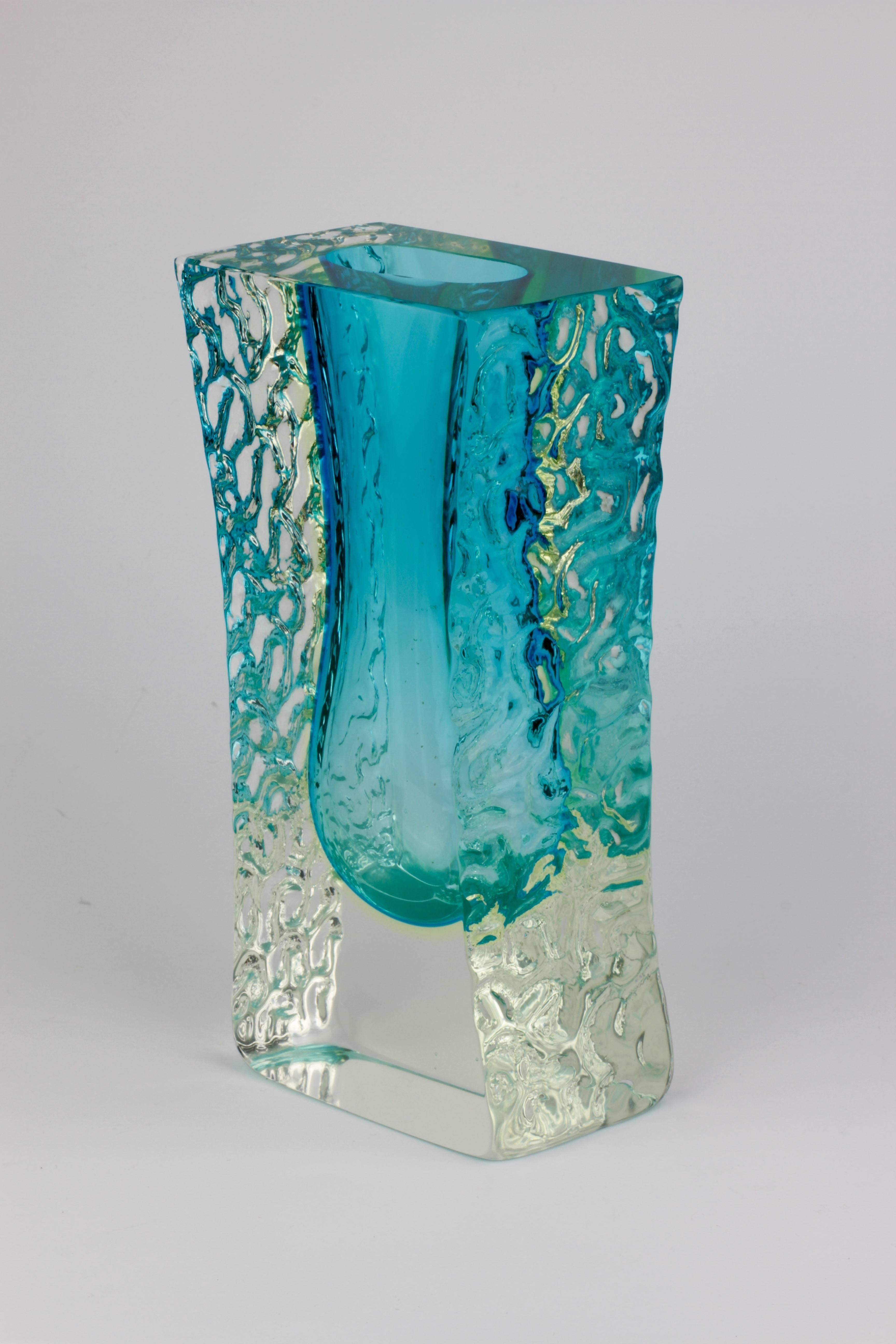 Molded Vintage Textured and Faceted Murano 'Sommerso' Blue Ice Glass Vase