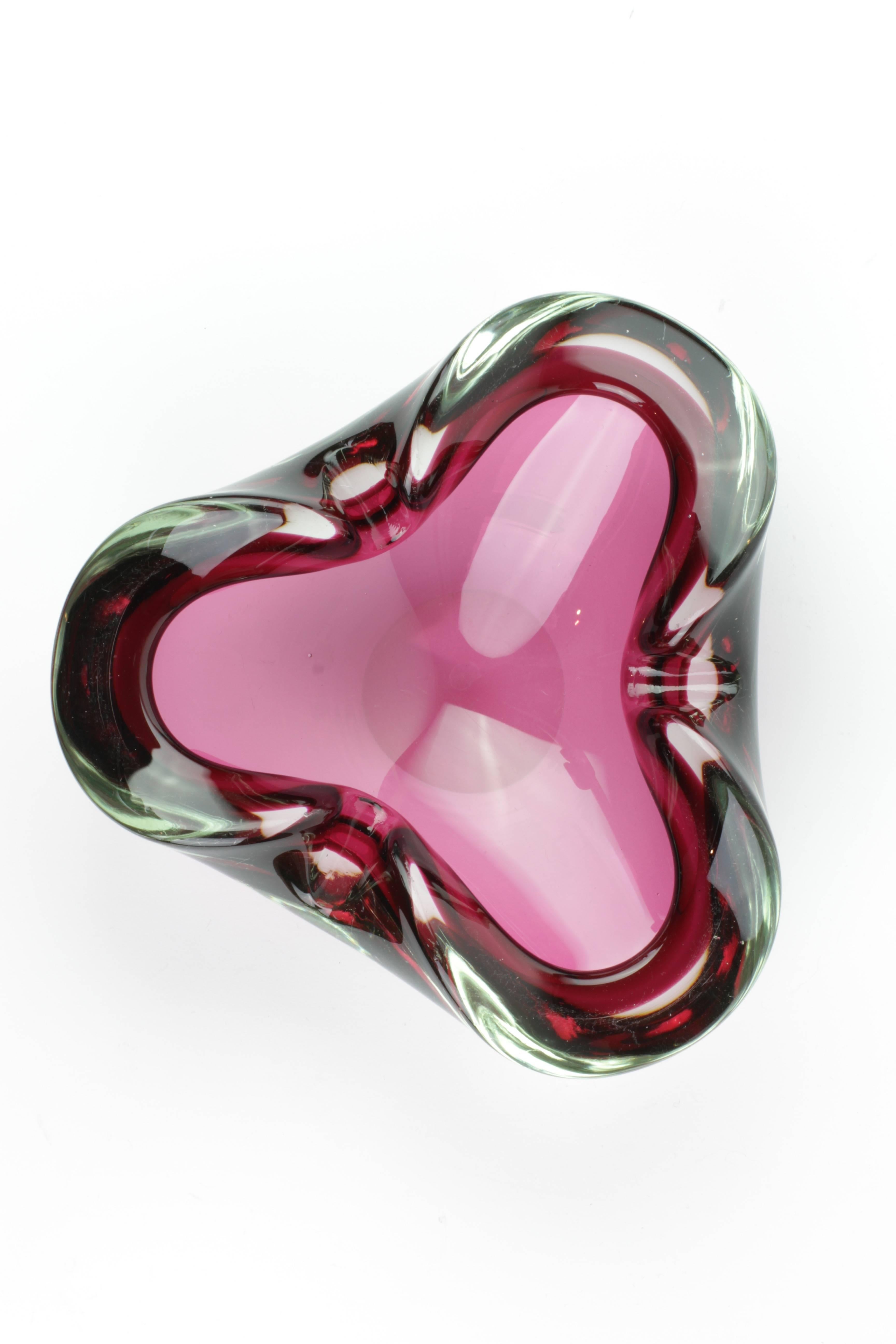 Blown Glass Pink Biomorphic Triangular Murano Glass Bowl or Ashtray Attributed to Cenedese