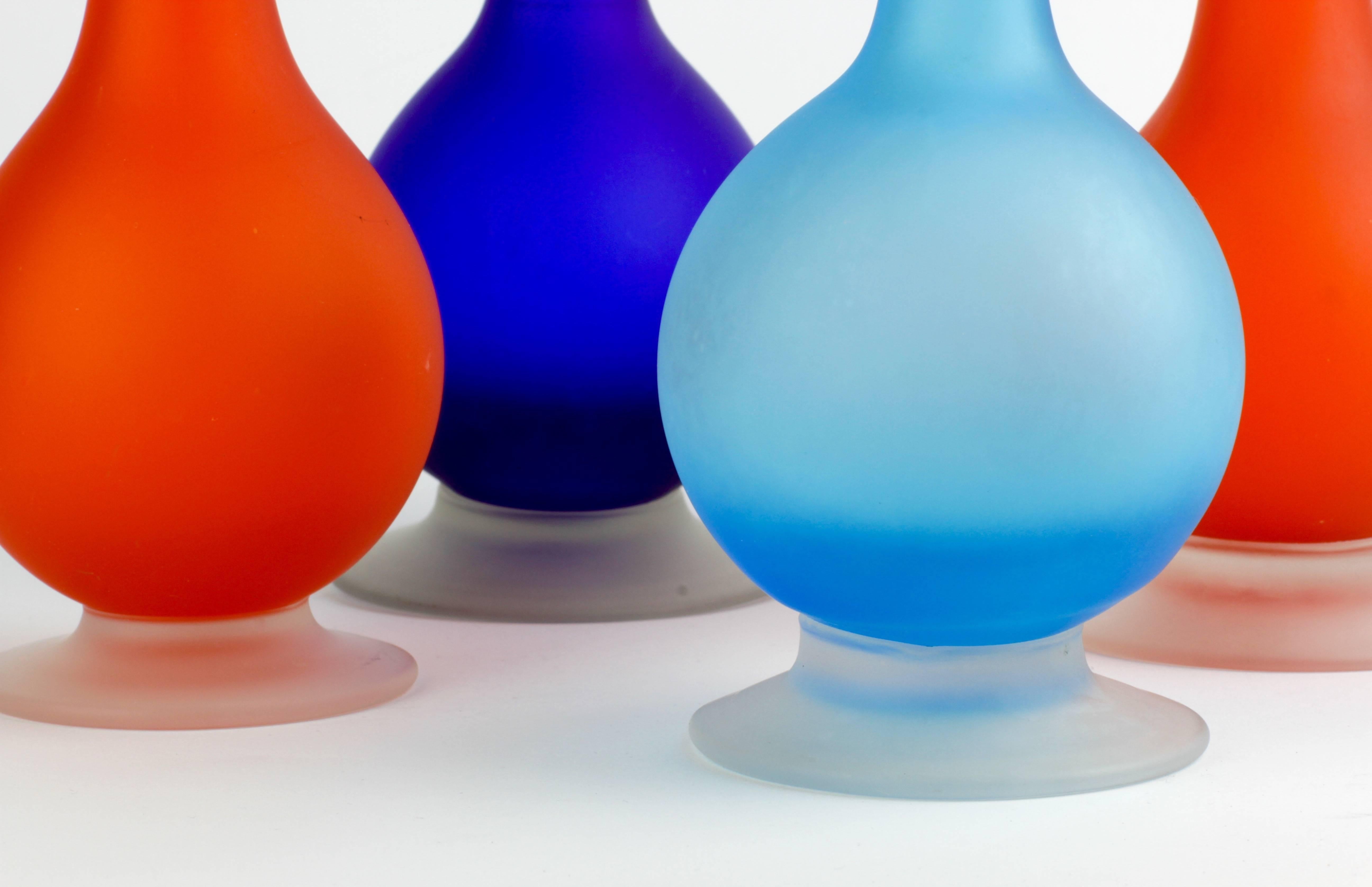 Mid-Century Modern Set of Four Colorful Carlo Moretti Italian Satinato Murano Glass Pencil Vases