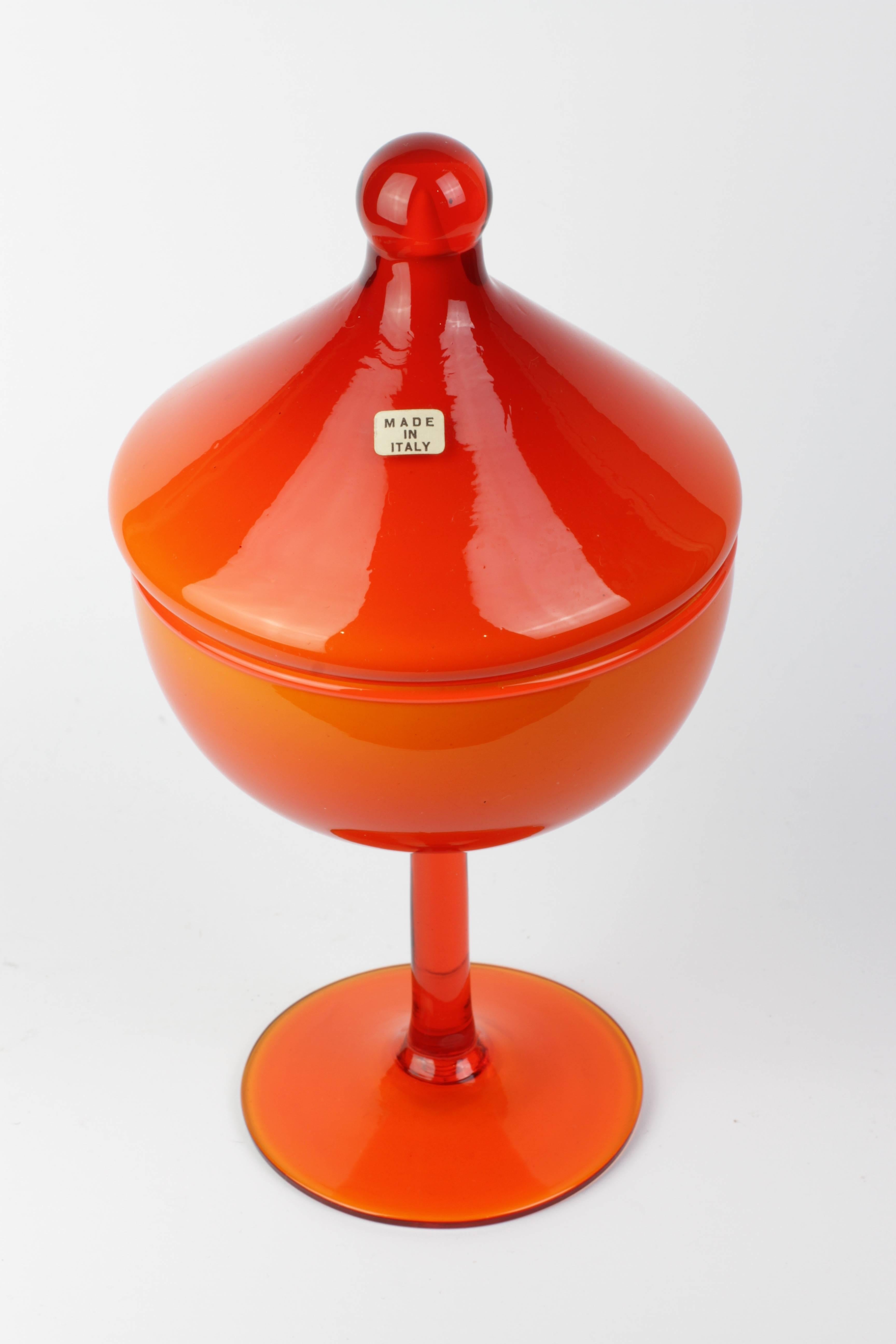 Mid-Century Modern 1950s Mid-Century Italian Sweet Jar with Lid in Vibrant Orange over White Glass