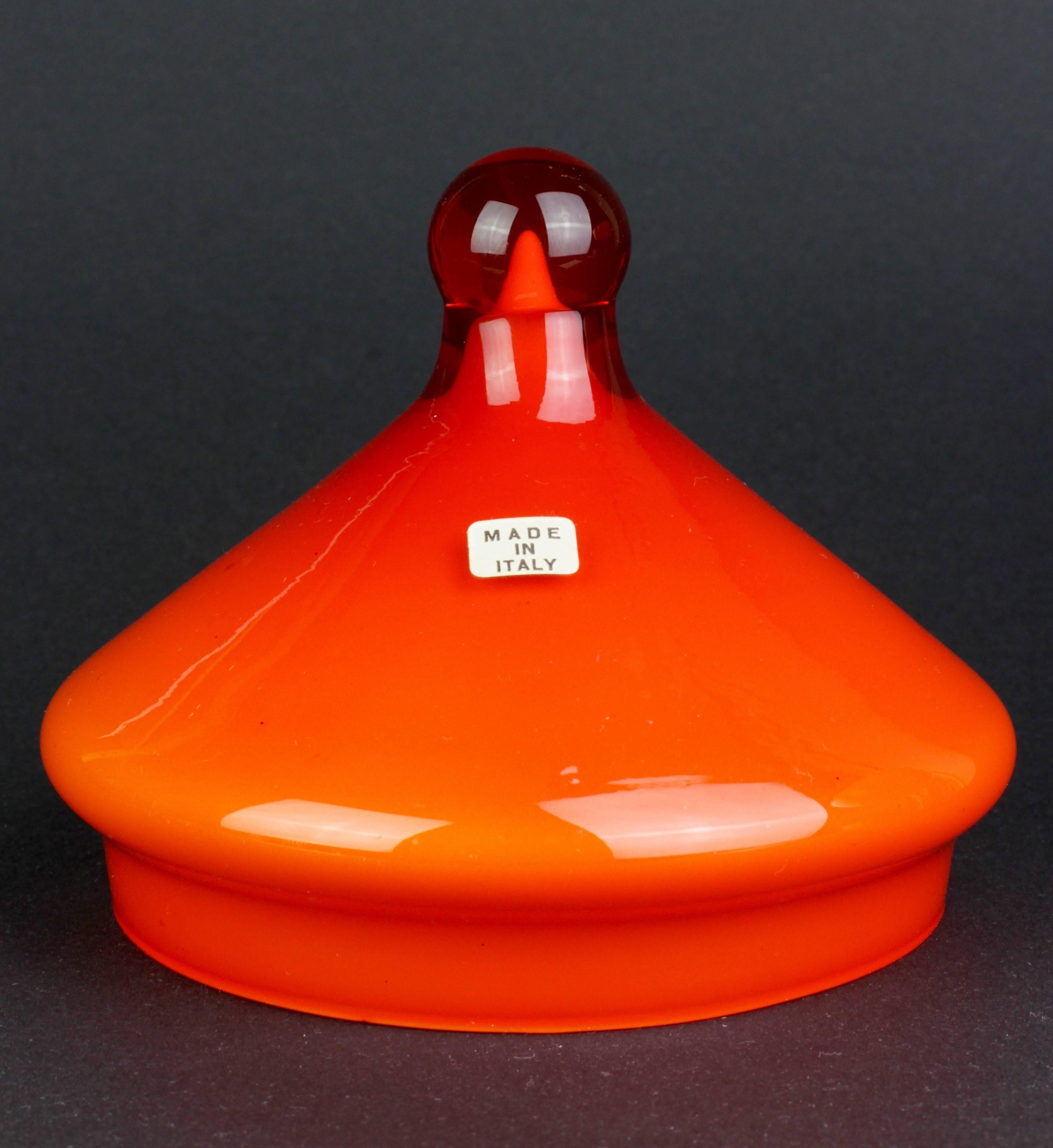 Blown Glass 1950s Mid-Century Italian Sweet Jar with Lid in Vibrant Orange over White Glass