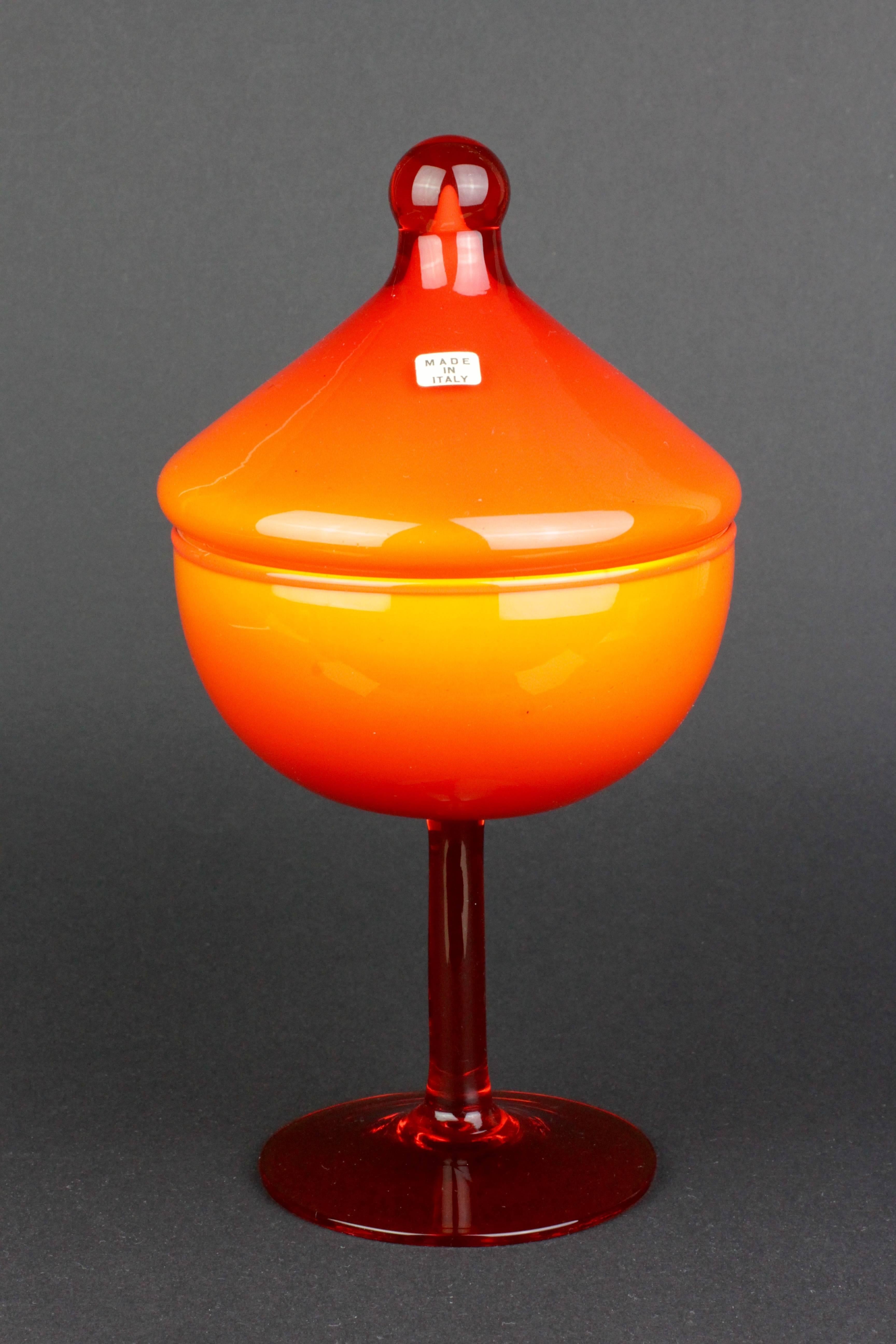 1950s Mid-Century Italian Sweet Jar with Lid in Vibrant Orange over White Glass 2