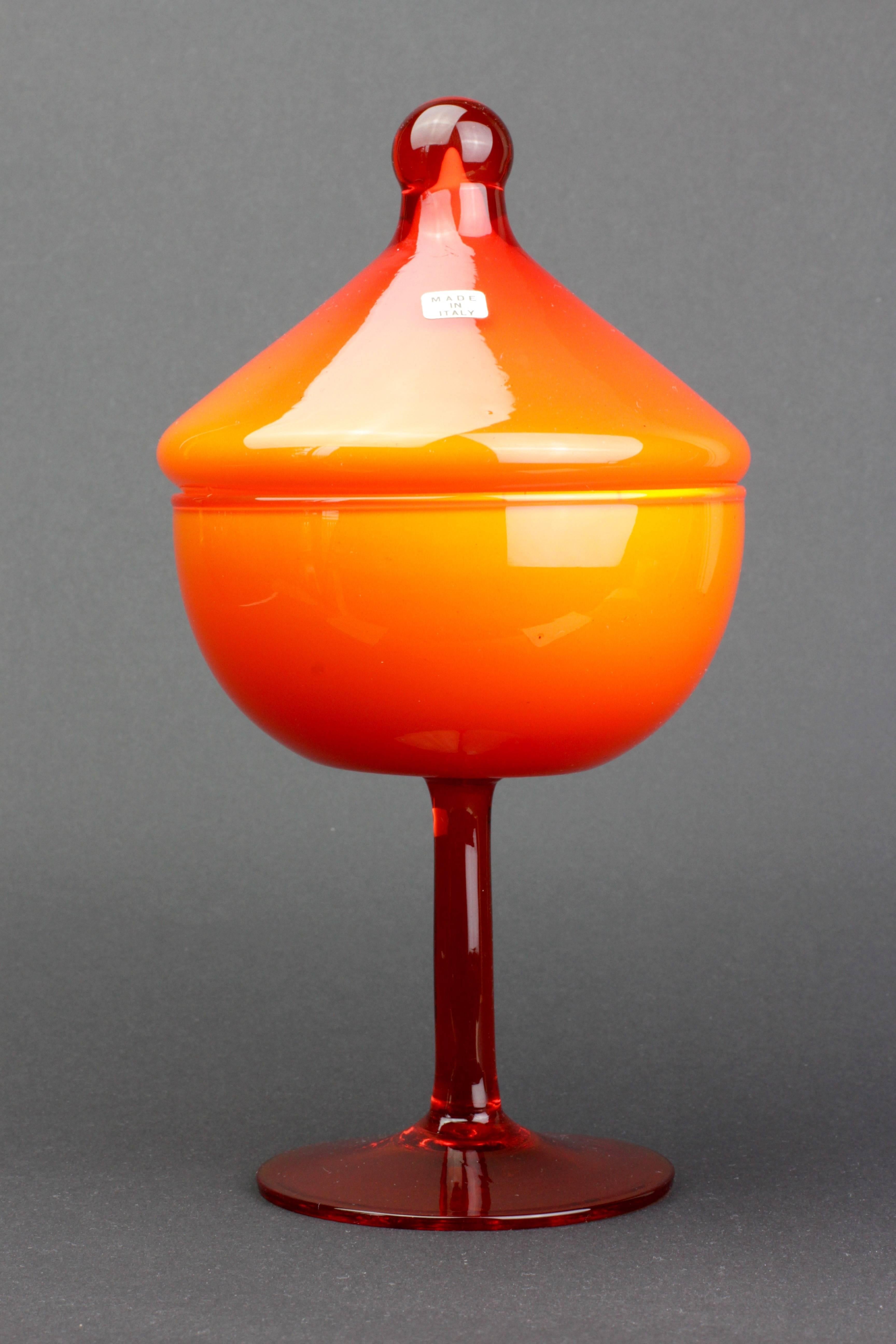 1950s Mid-Century Italian Sweet Jar with Lid in Vibrant Orange over White Glass 3