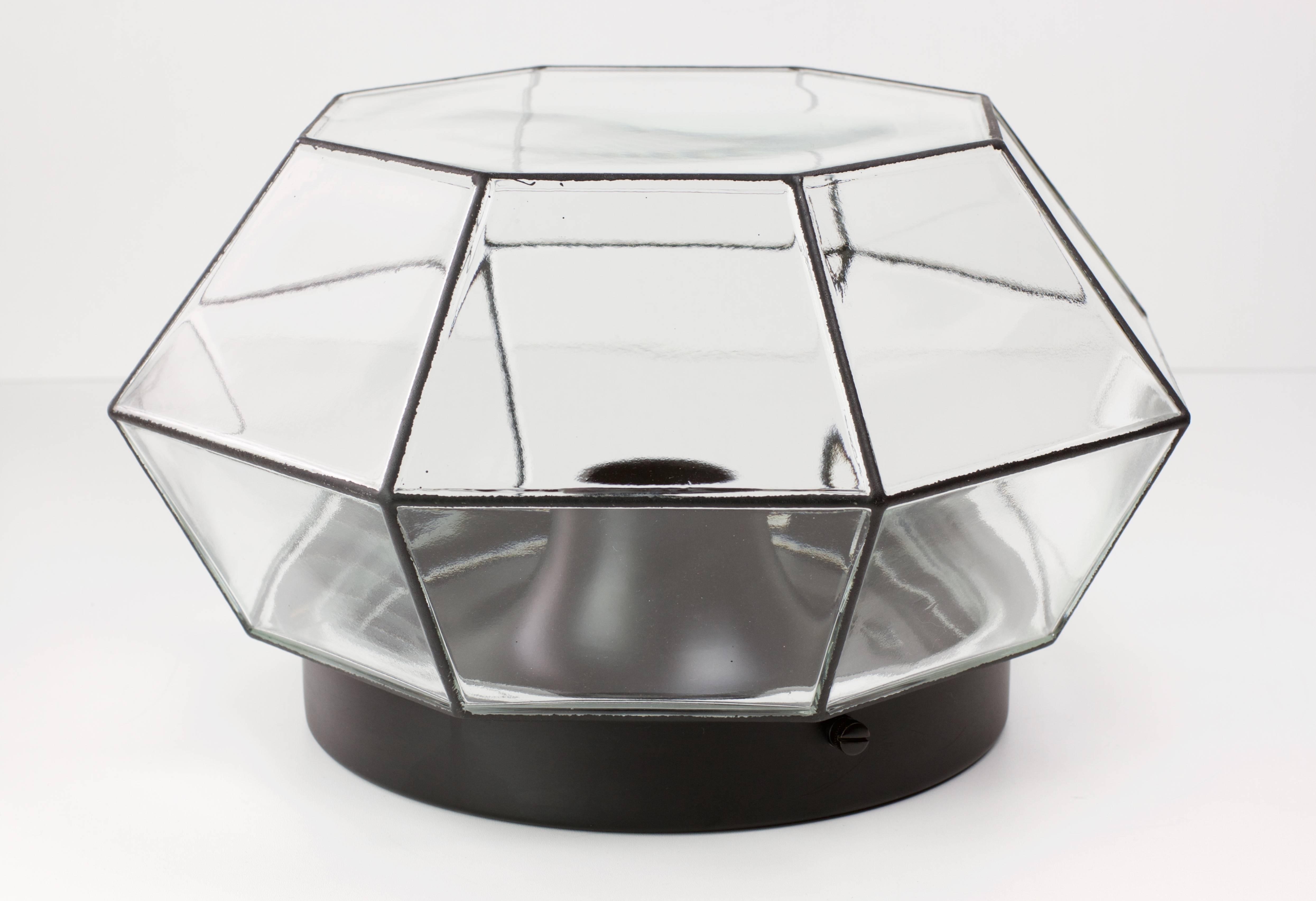 Mid-Century Modern Two Large Geometric Black & Clear Glass Flush Mount Lights by Limburg, 1970s