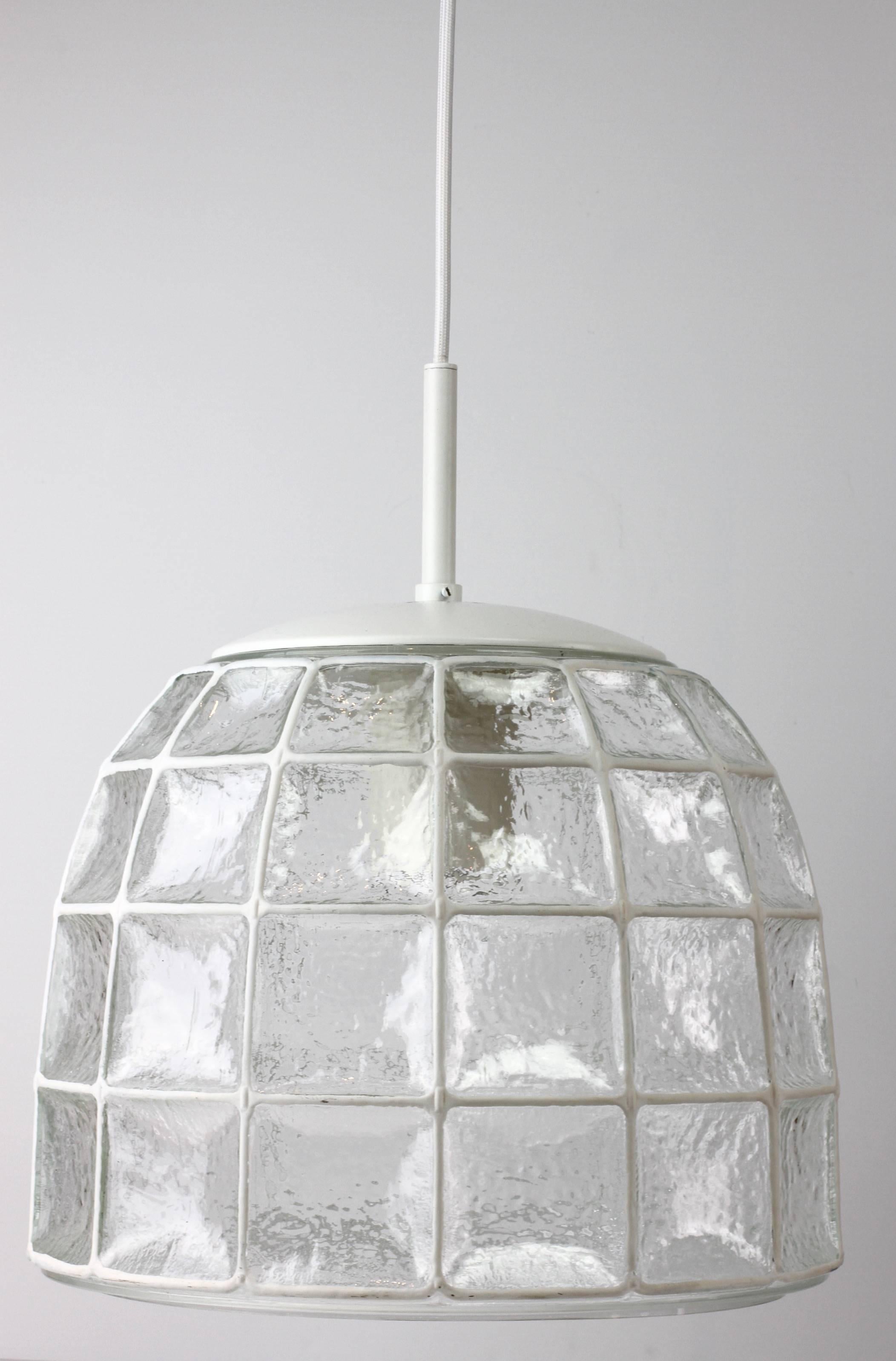 One of a Pair 1960s White Iron & Glass Honeycomb Bell Pendant Lights by Limburg For Sale 1
