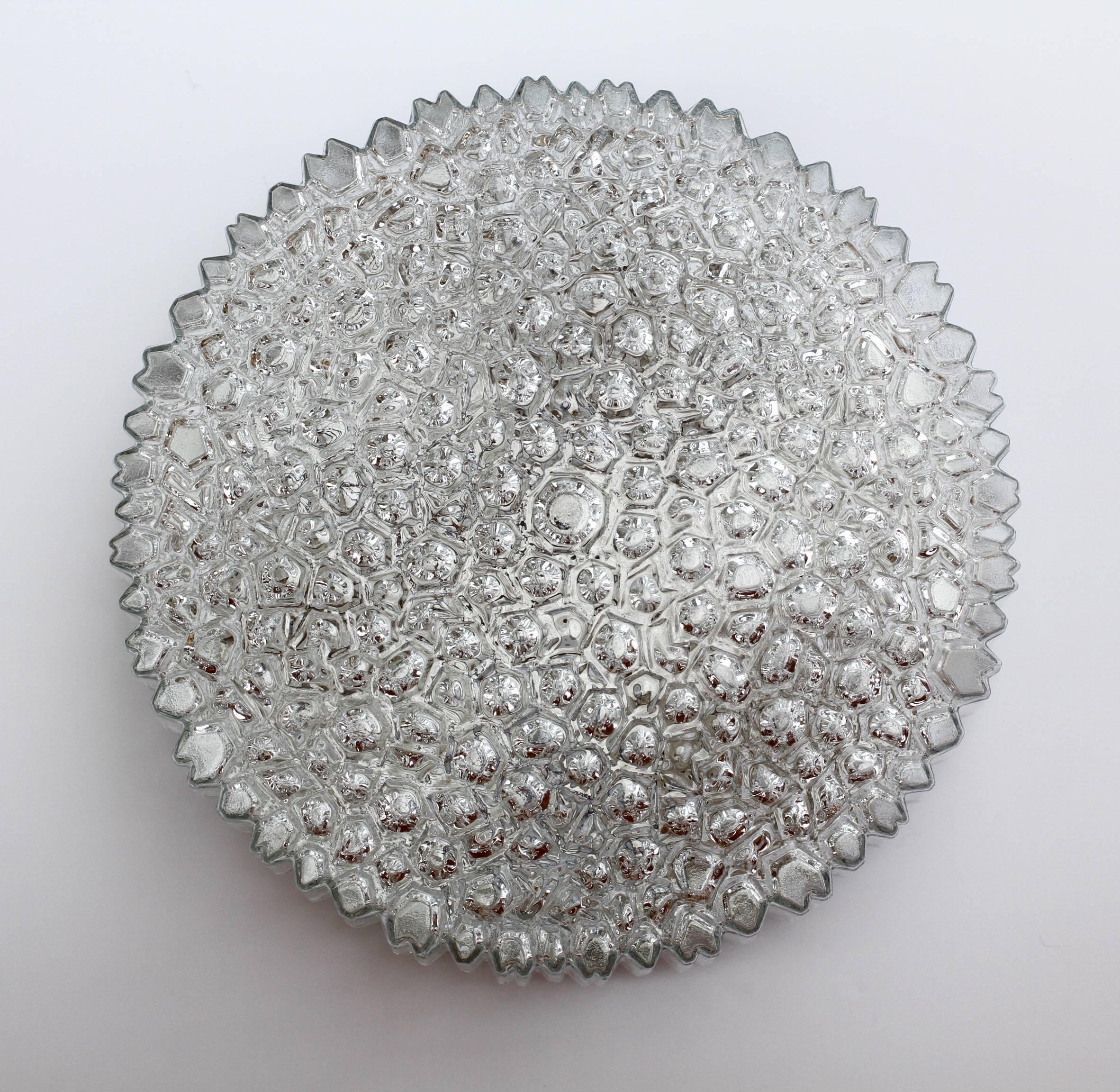 Mid-Century Modern Large 1970s Organic Textured Clear Ice Crystal Glass Flush Mount by Limburg