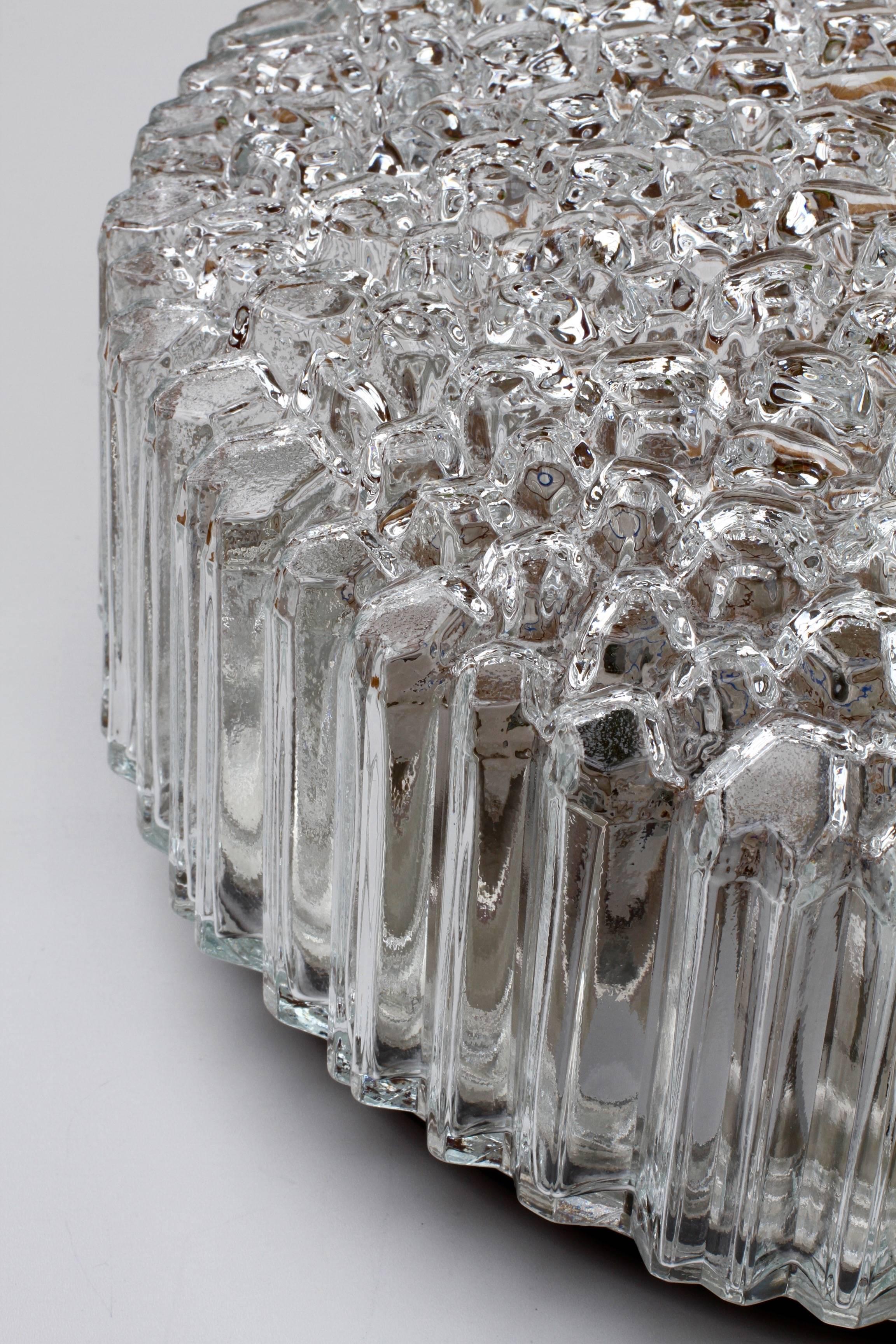 Metal Large 1970s Organic Textured Clear Ice Crystal Glass Flush Mount by Limburg