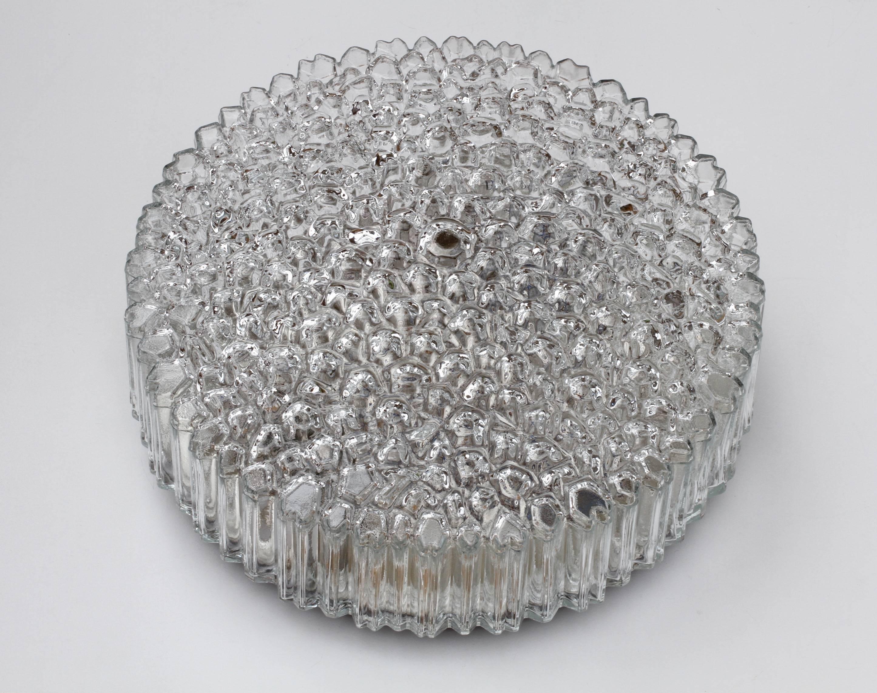Large 1970s Organic Textured Clear Ice Crystal Glass Flush Mount by Limburg 2