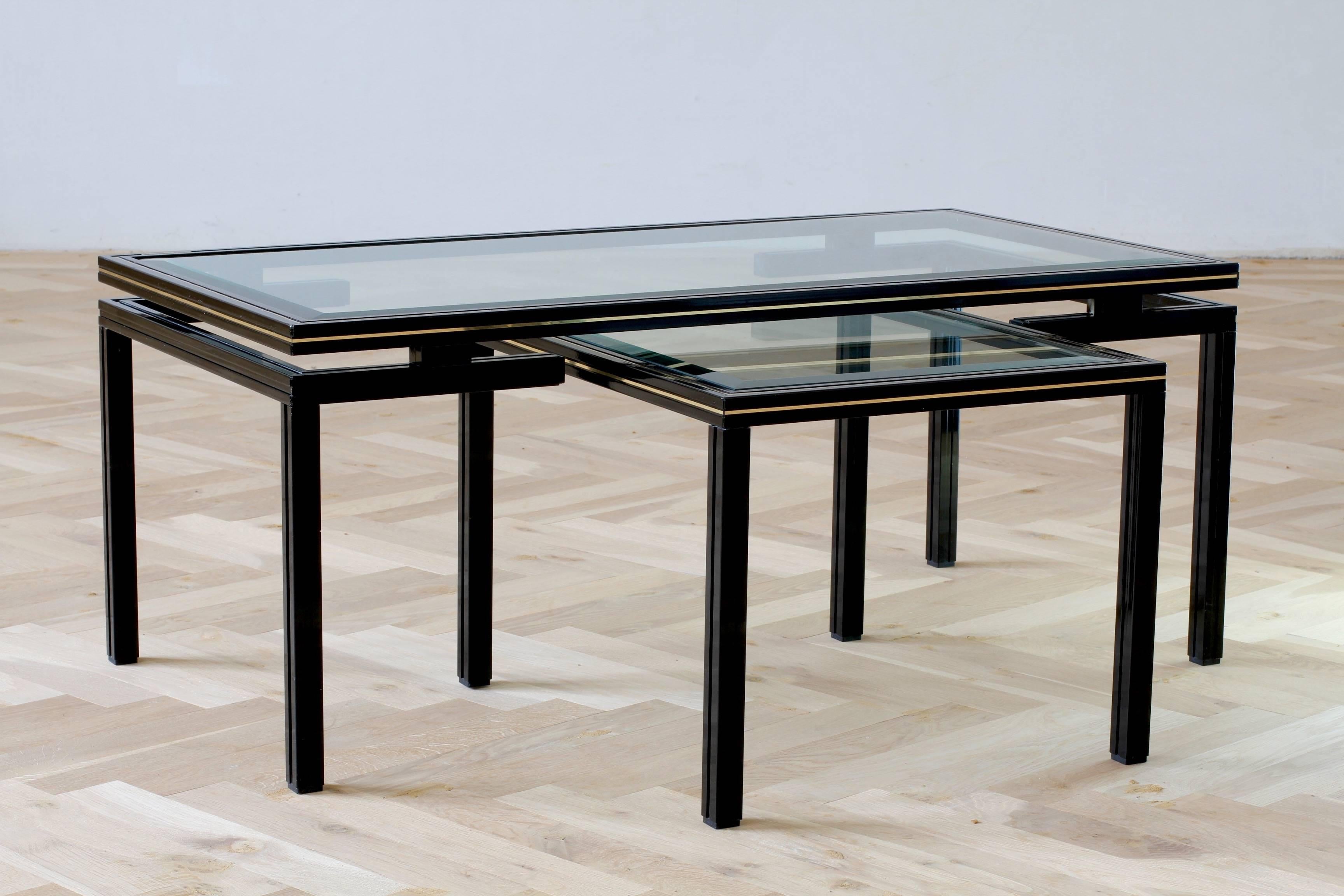 Beveled Stunning Black and Gold Coffee & Side Table by Pierre Vandel, Paris, circa 1980s