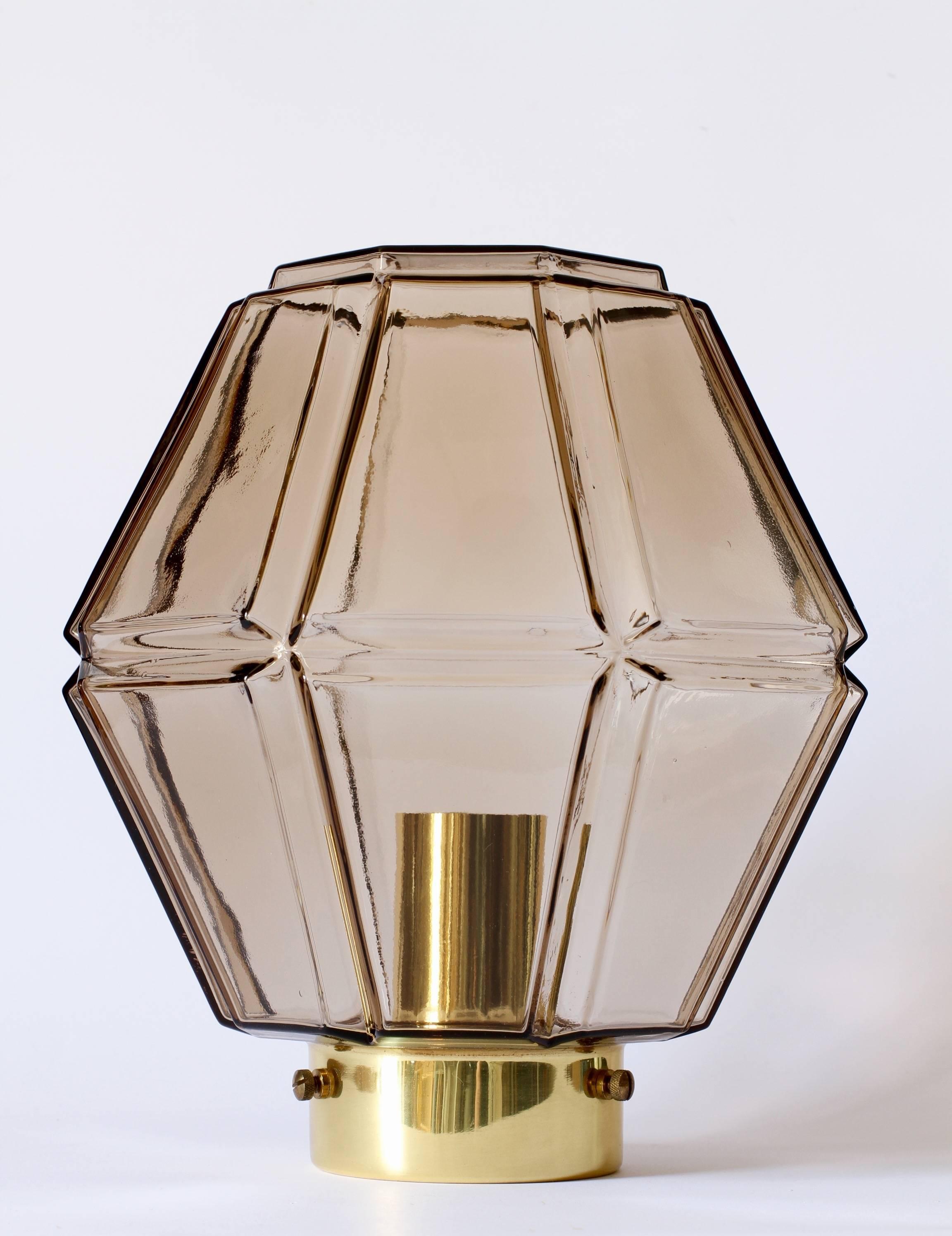 Mid-Century Modern Limburg 1970s Vintage Pair of Geometric Smoked Glass & Brass Flush Mount Lights