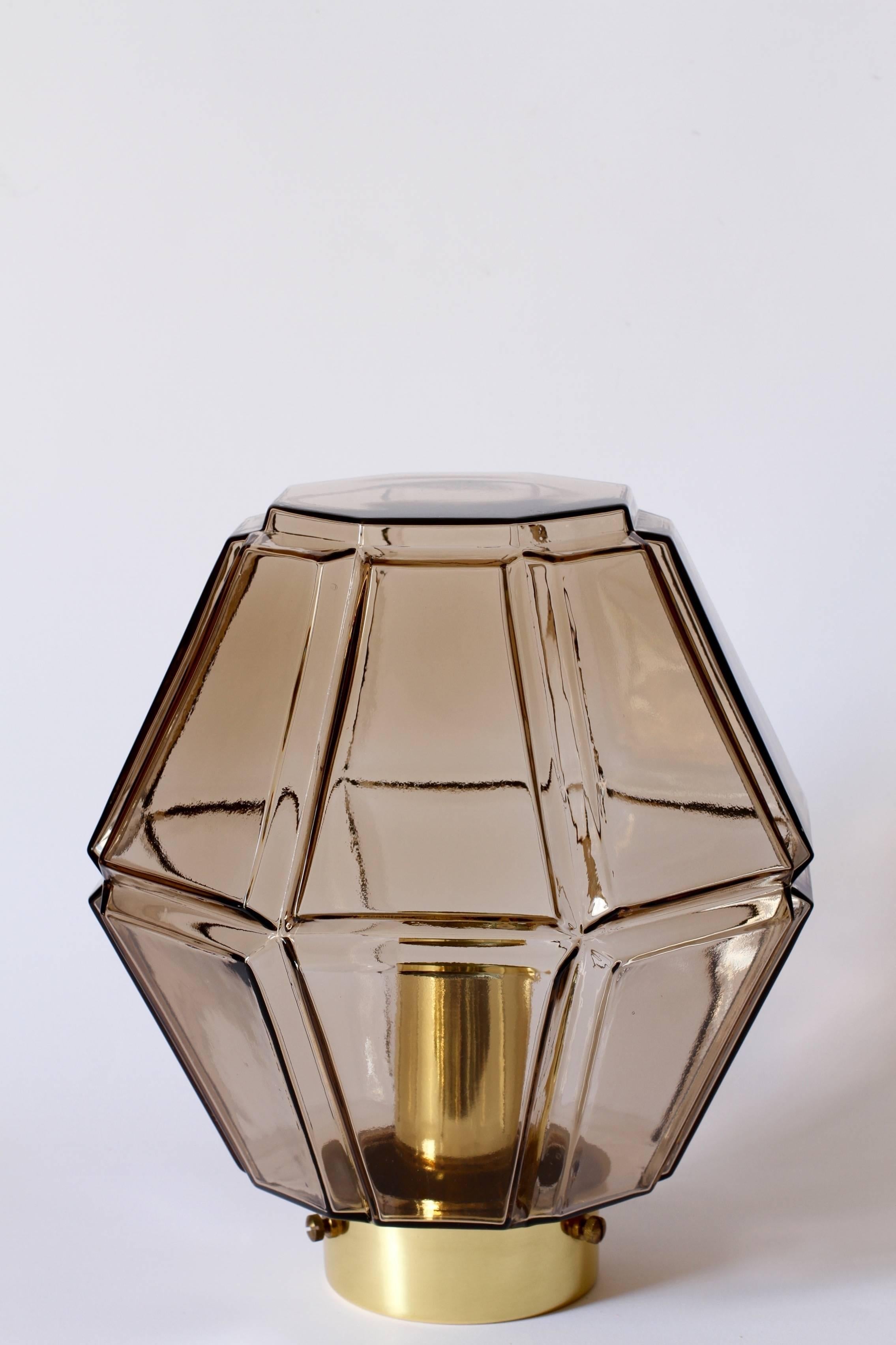 German Limburg 1970s Vintage Pair of Geometric Smoked Glass & Brass Flush Mount Lights