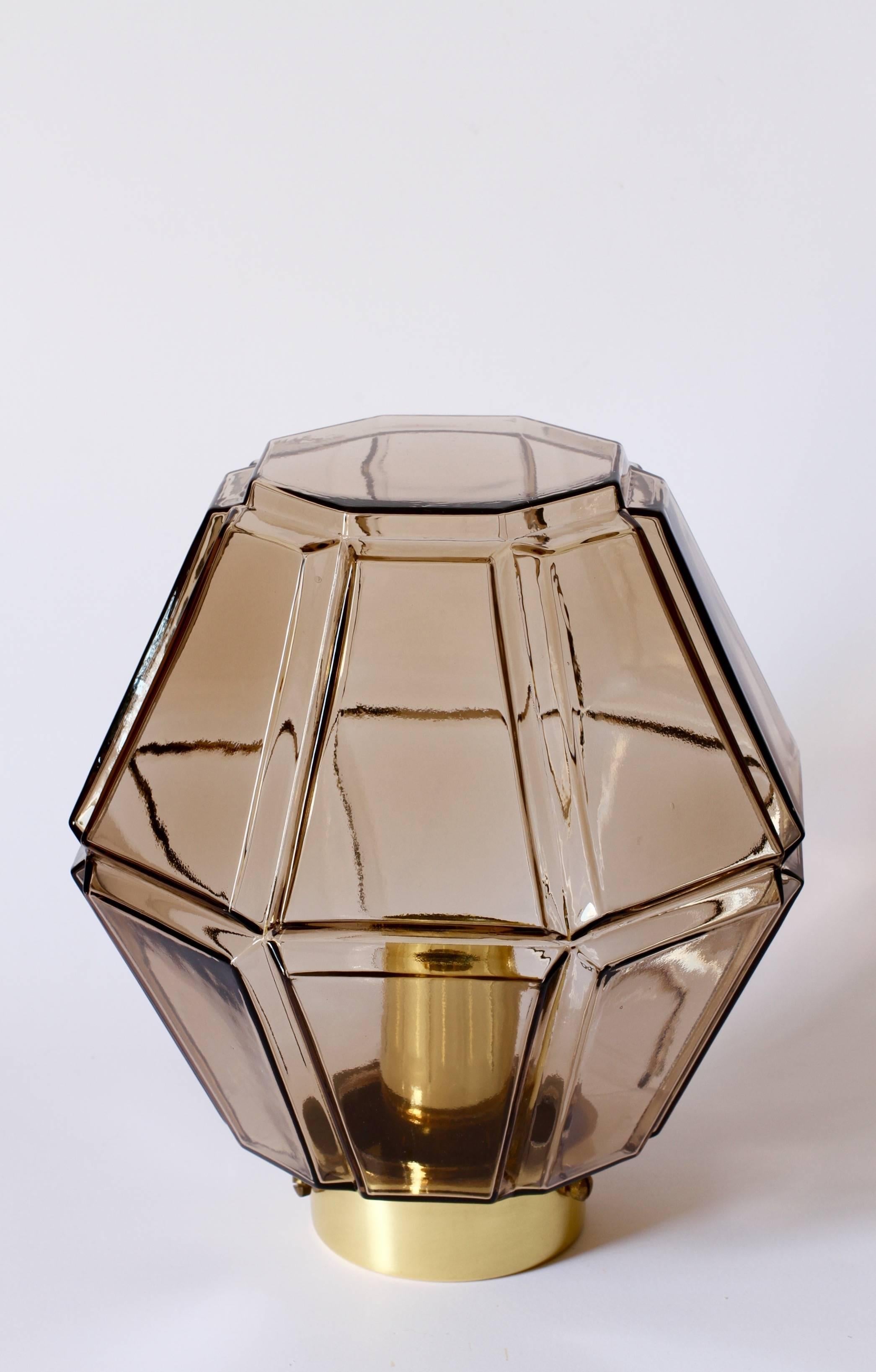 Molded Limburg 1970s Vintage Pair of Geometric Smoked Glass & Brass Flush Mount Lights