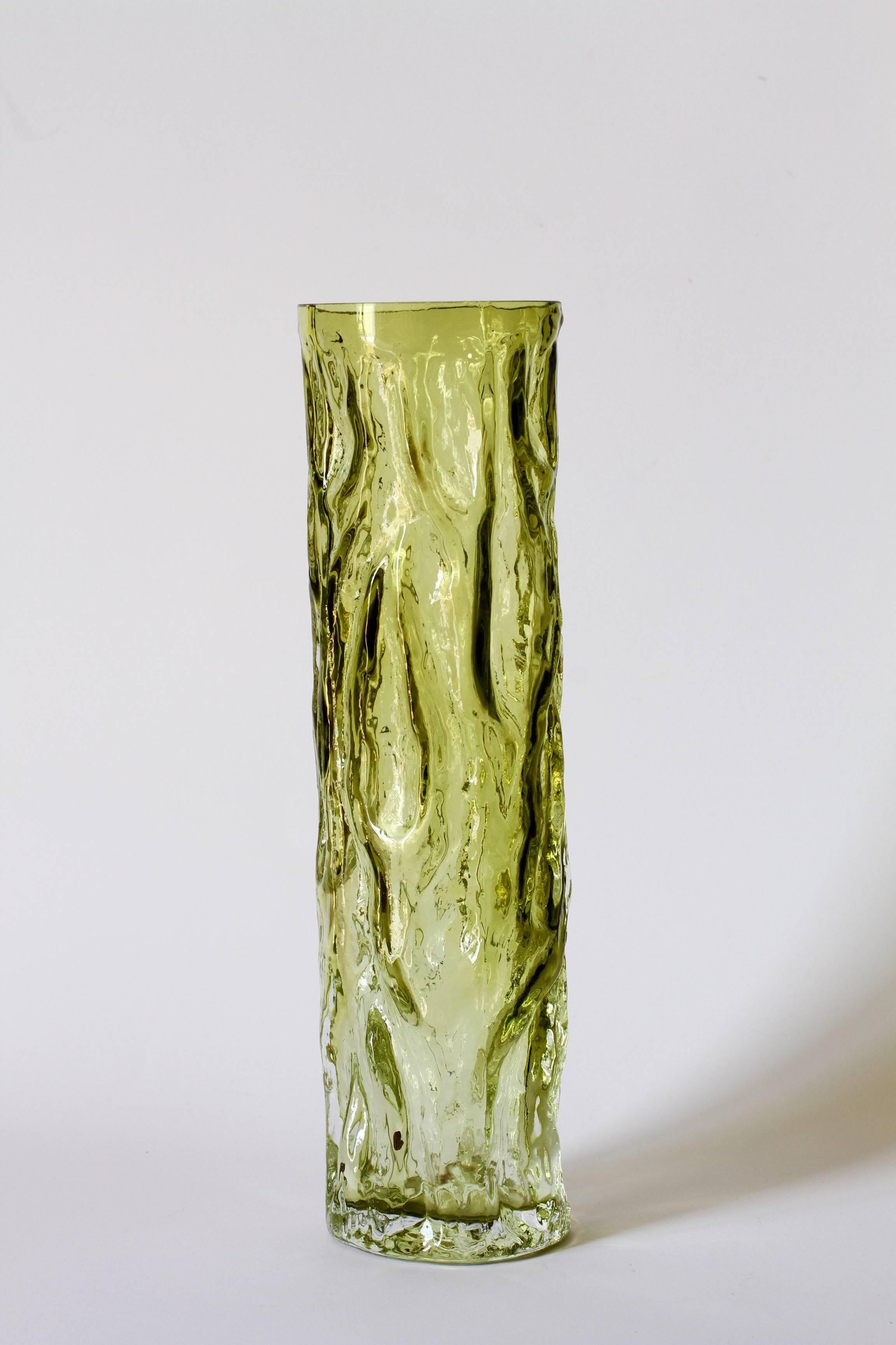 Mid-Century Modern Tall Vintage Vibrant Moss Green Glass Tree Bark Vase by Ingrid Glas, circa 1970s