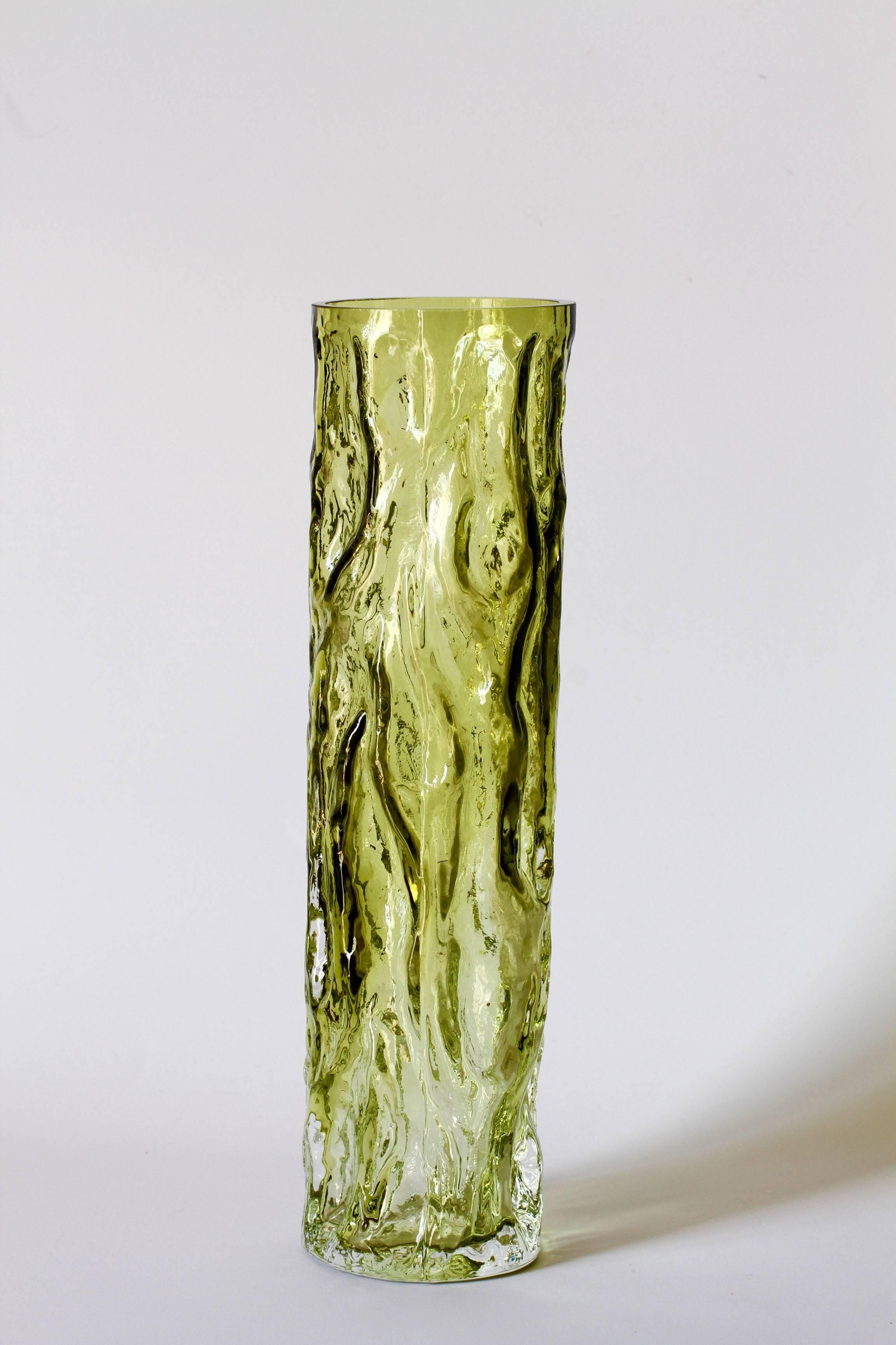 German Tall Vintage Vibrant Moss Green Glass Tree Bark Vase by Ingrid Glas, circa 1970s