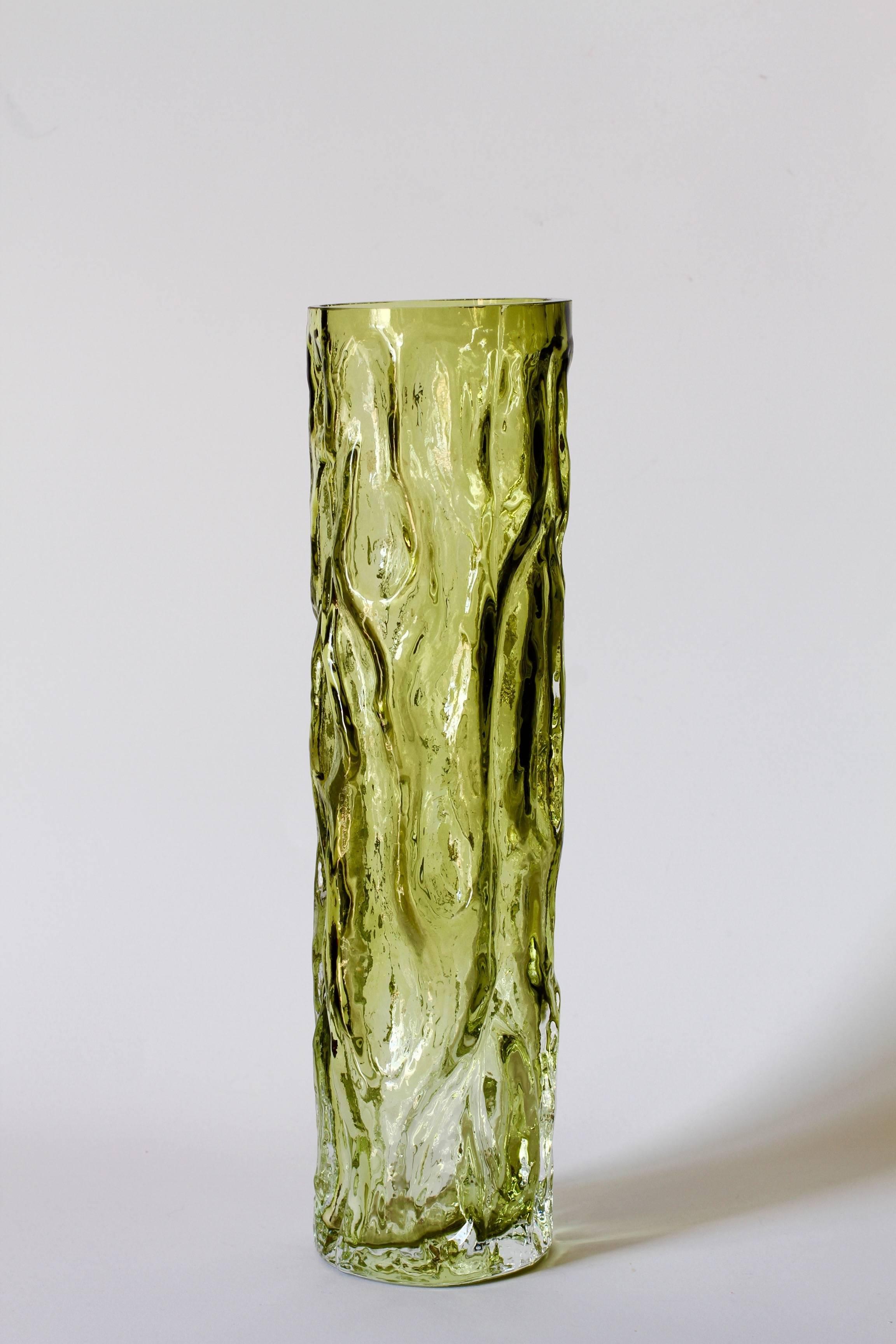 Molded Tall Vintage Vibrant Moss Green Glass Tree Bark Vase by Ingrid Glas, circa 1970s