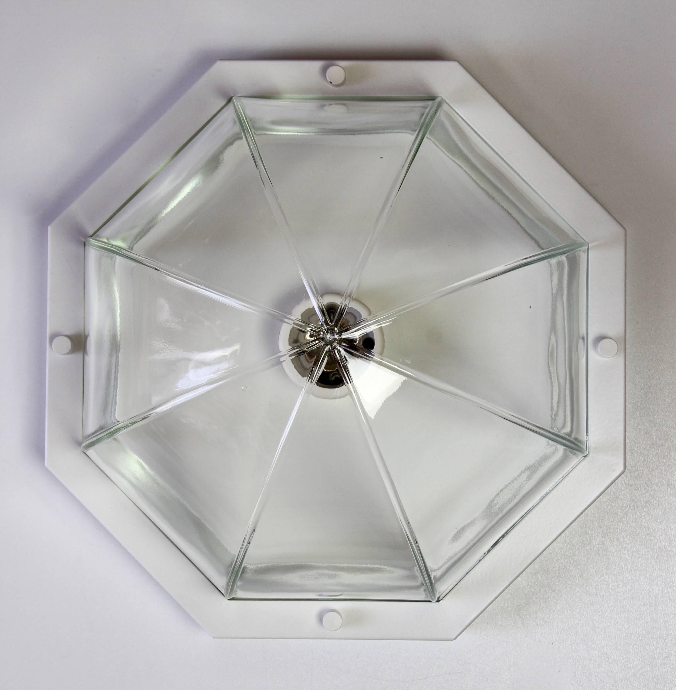 Metal 1980s White and Clear Round Segmented Domed Glass Flush Mount Light by Limburg For Sale