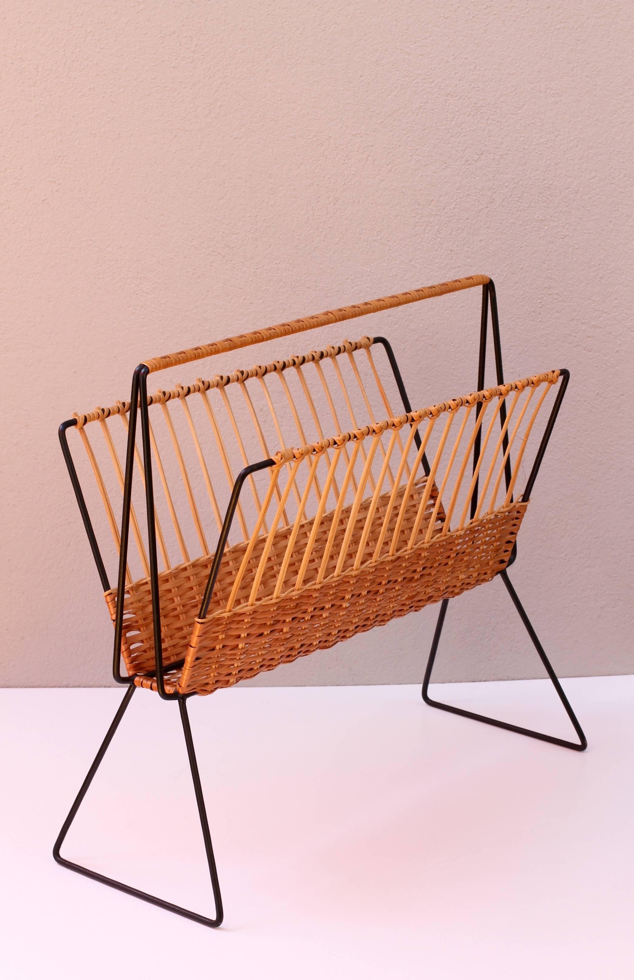 Painted Large Mid-Century Modernist Wicker Magazine Rack Stand Attributed to Carl Auböck