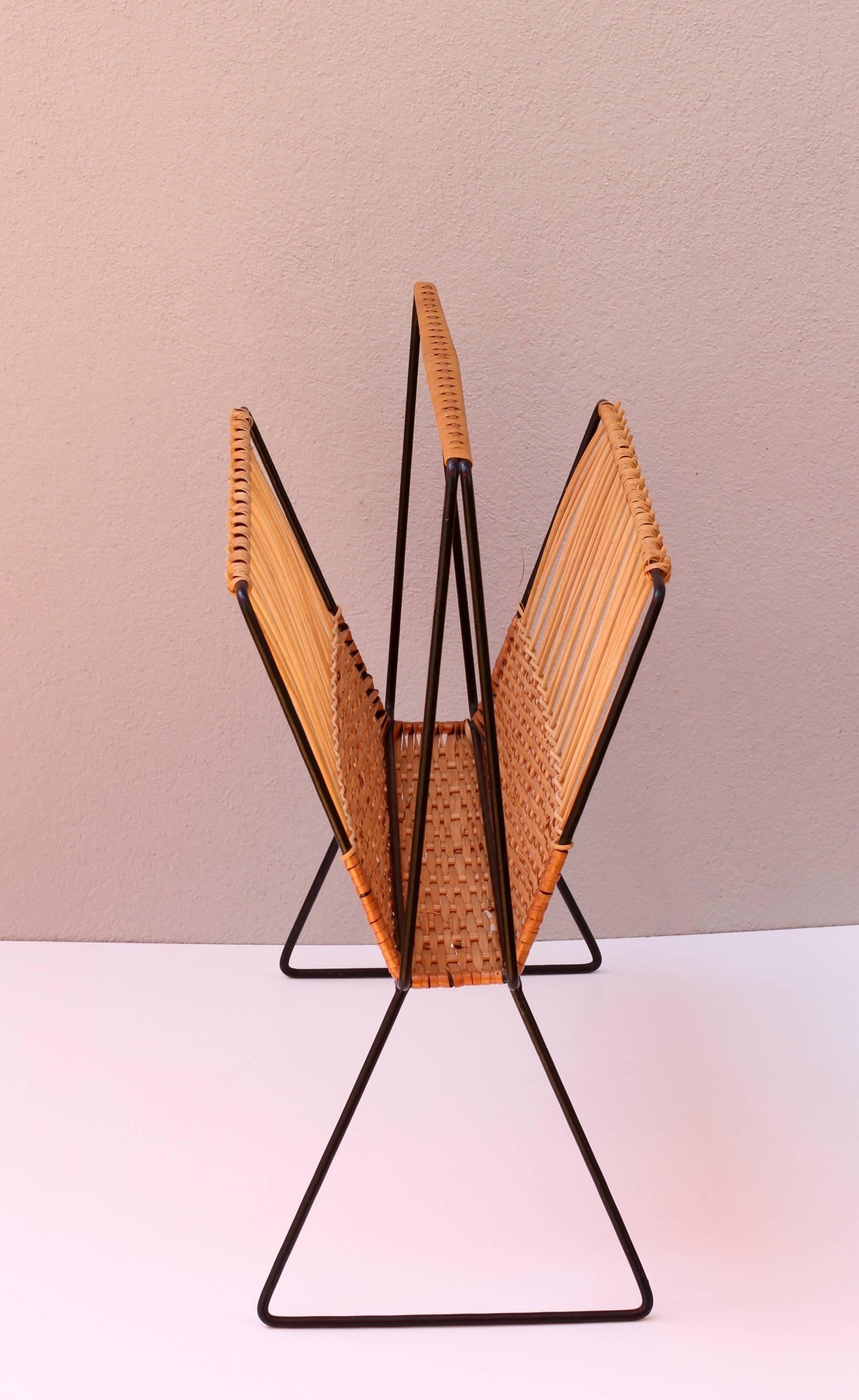20th Century Large Mid-Century Modernist Wicker Magazine Rack Stand Attributed to Carl Auböck